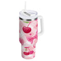 30 oz Insulated Stainless Steel Tumbler Double Wall Stainless Steel Tumbler with 2-Way Drinking Cherry and Pink Bow Pattern M617R