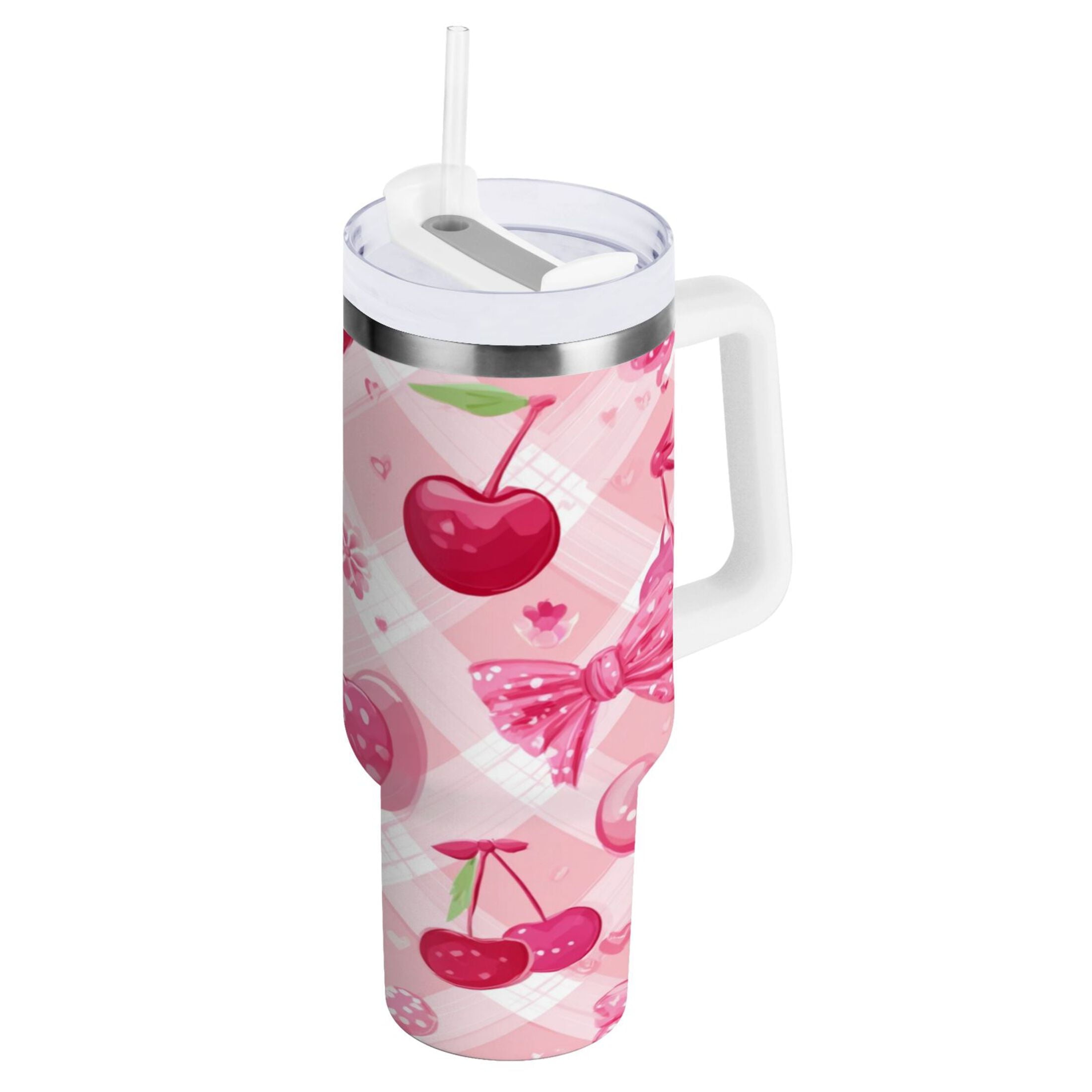 30 oz Insulated Stainless Steel Tumbler Double Wall Stainless Steel Tumbler with 2-Way Drinking Cherry and Pink Bow Pattern M617R