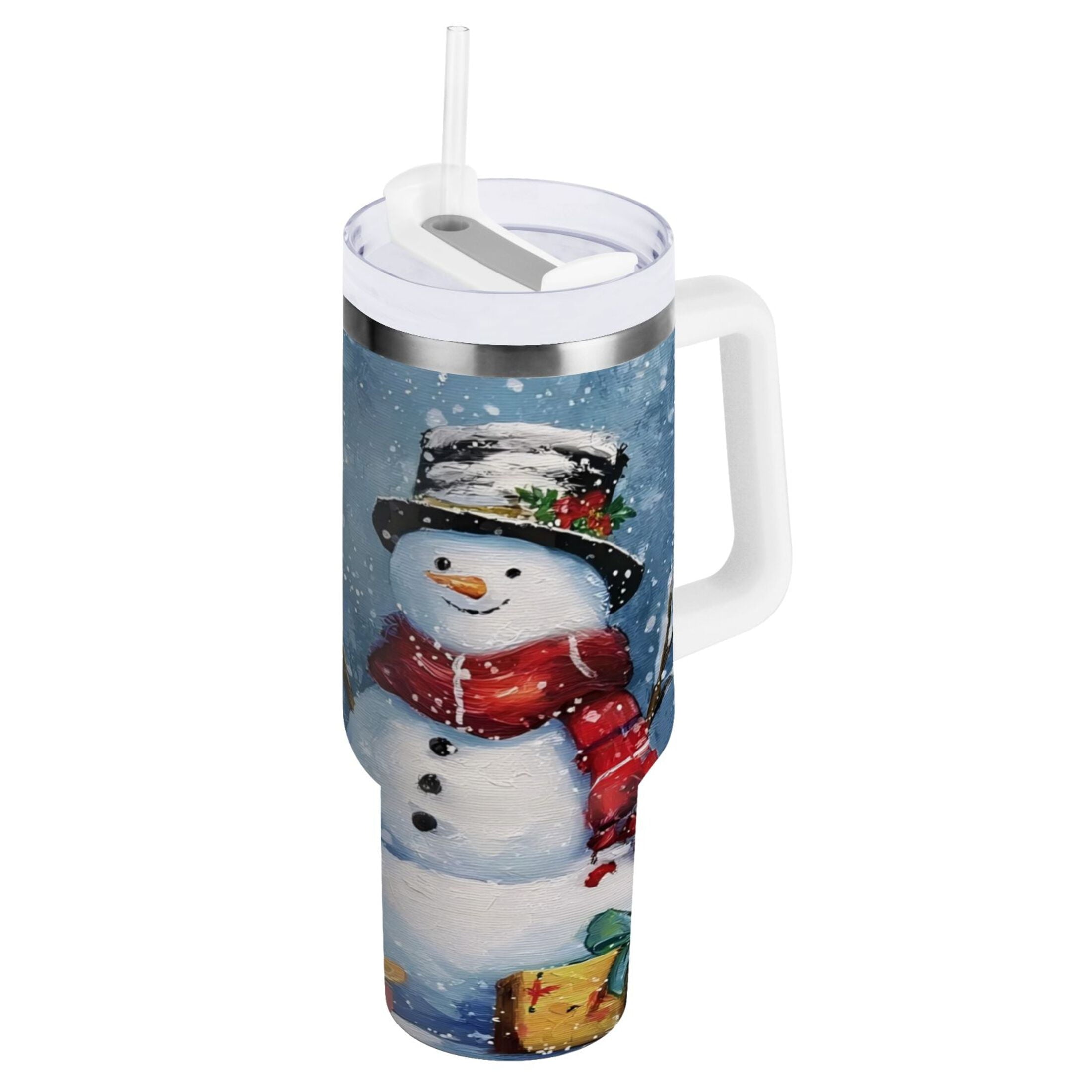 30 oz Insulated Stainless Steel Tumbler Double Wall Stainless Steel Tumbler with 2-Way Drinking Christmas Scene with Snowman M642Z