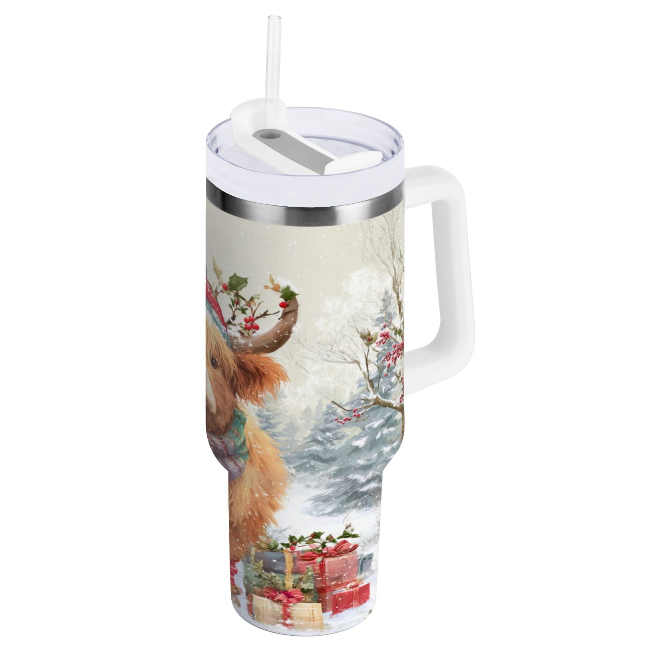 30 oz Insulated Stainless Steel Tumbler Double Wall Stainless Steel Tumbler with 2-Way Drinking Cow Wearing Christmas Hat M681C