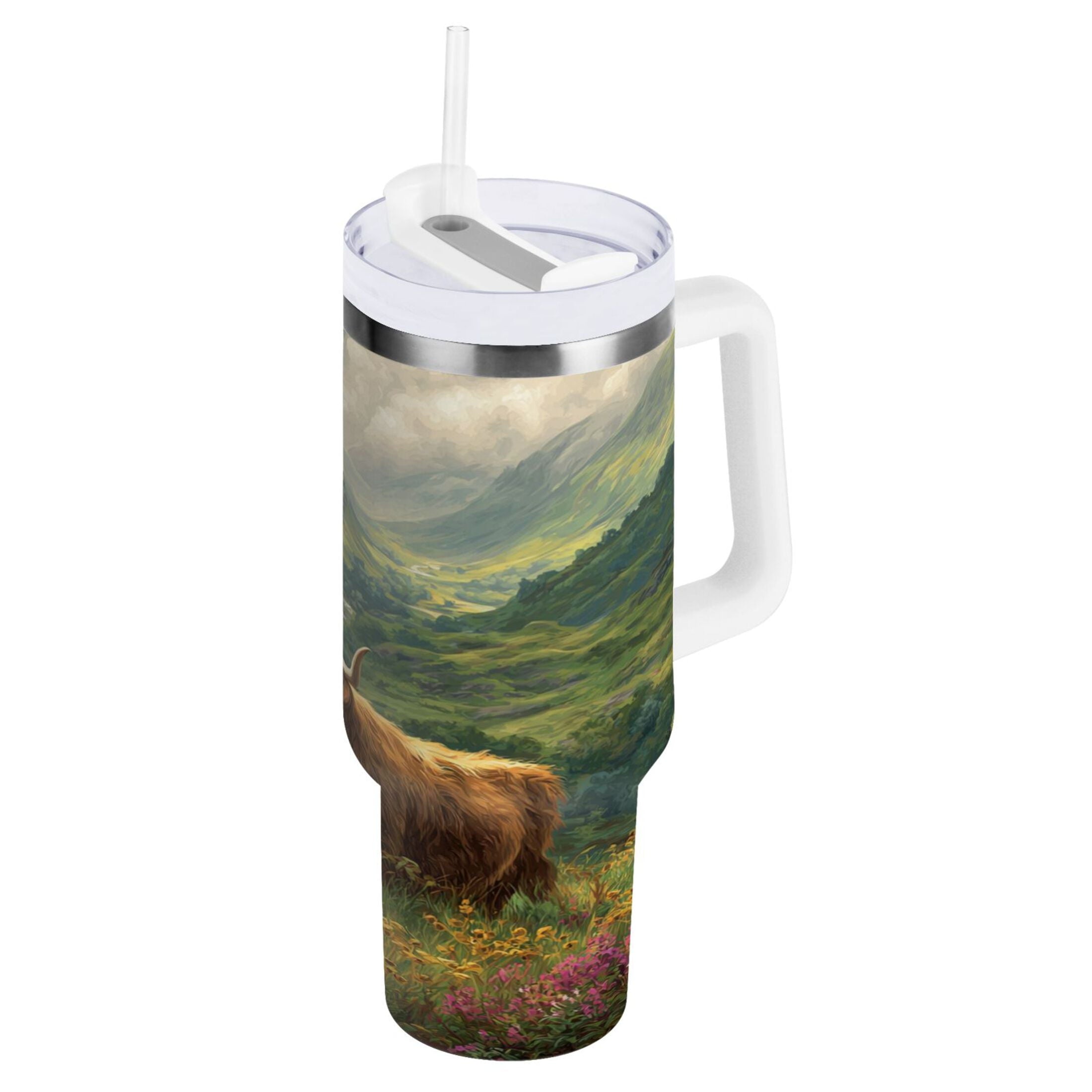30 oz Insulated Stainless Steel Tumbler Double Wall Stainless Steel Tumbler with 2-Way Drinking Cow in Green Rolling Hills M586Q