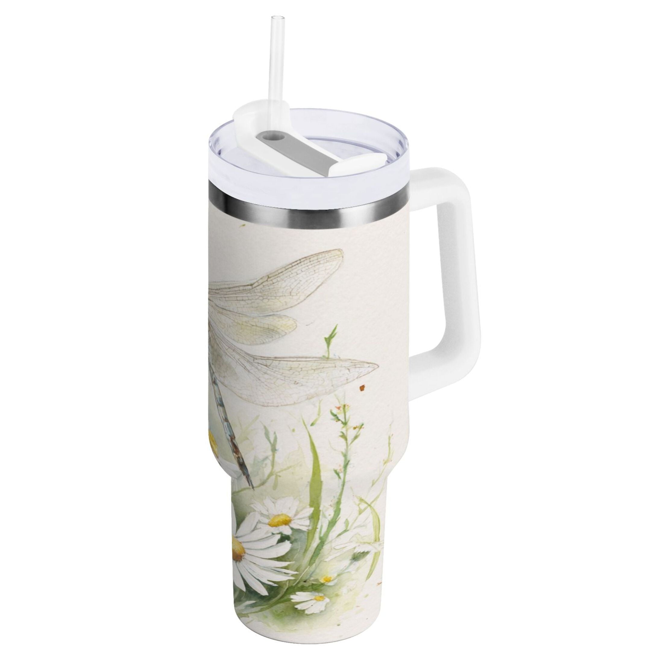 30 oz Insulated Stainless Steel Tumbler Double Wall Stainless Steel Tumbler with 2-Way Drinking Dragonflies with White Daisies M655H