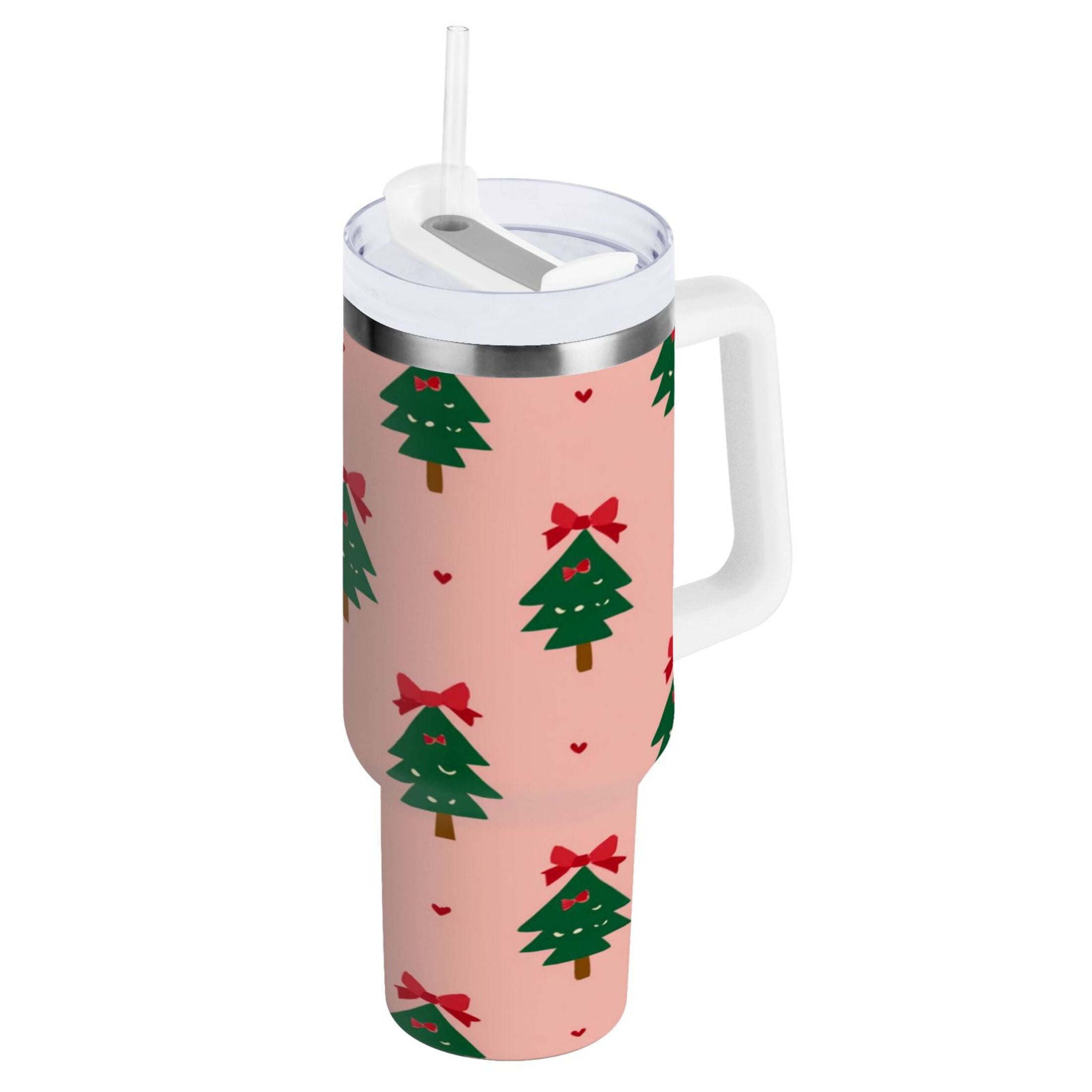 40 oz Insulated Stainless Steel Tumbler Double Wall Stainless Steel Tumbler with 2-Way Drinking Green Trees and Red Bows M468D