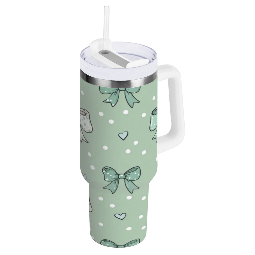 30 oz Insulated Stainless Steel Tumbler Double Wall Stainless Steel Tumbler with 2-Way Drinking Green and Mint Bows M559Y