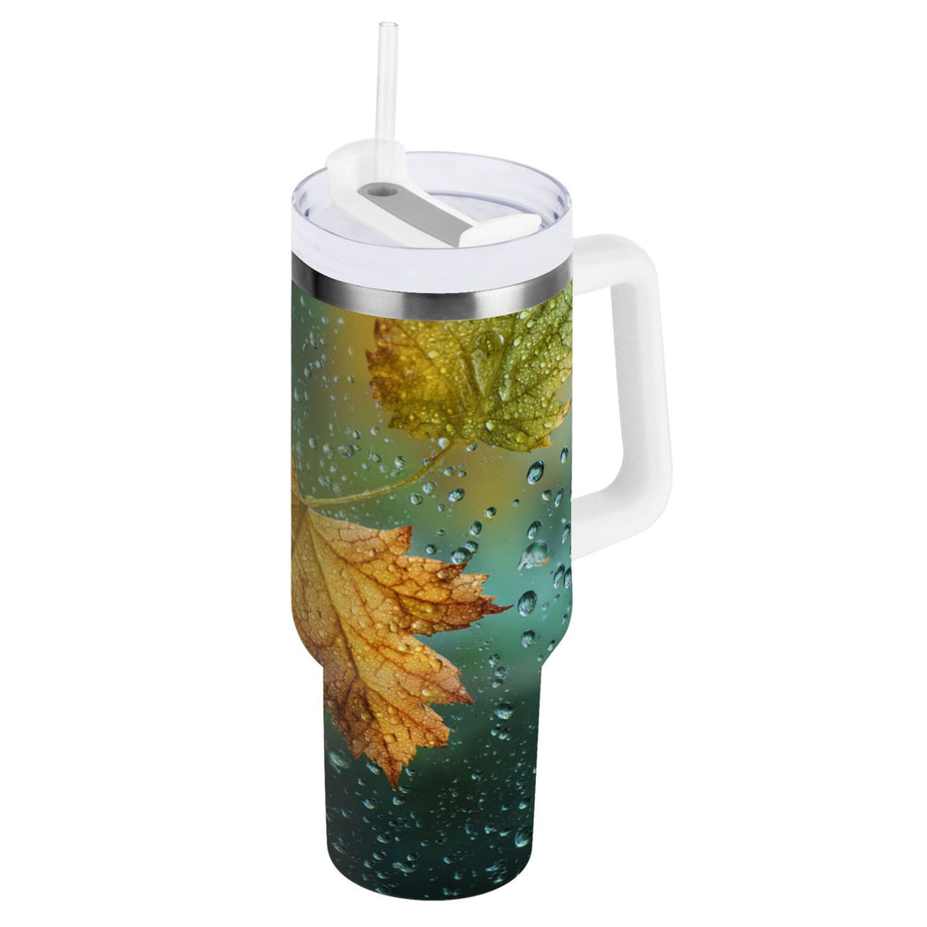 30 oz Insulated Stainless Steel Tumbler Double Wall Stainless Steel Tumbler with 2-Way Drinking Leaves with Water Droplets M500Q