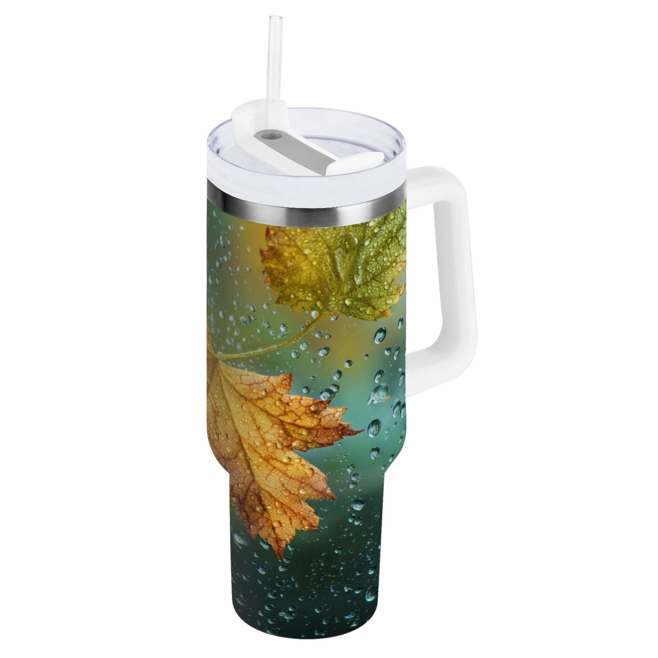 30 oz Insulated Stainless Steel Tumbler Double Wall Stainless Steel Tumbler with 2-Way Drinking Leaves with Water Droplets M500Q