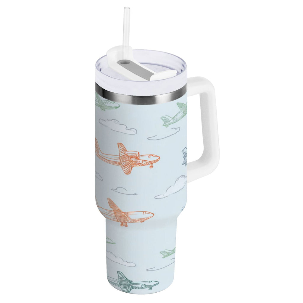 30 oz Insulated Stainless Steel Tumbler Double Wall Stainless Steel Tumbler with 2-Way Drinking Pastel Doodle Airplanes M593S