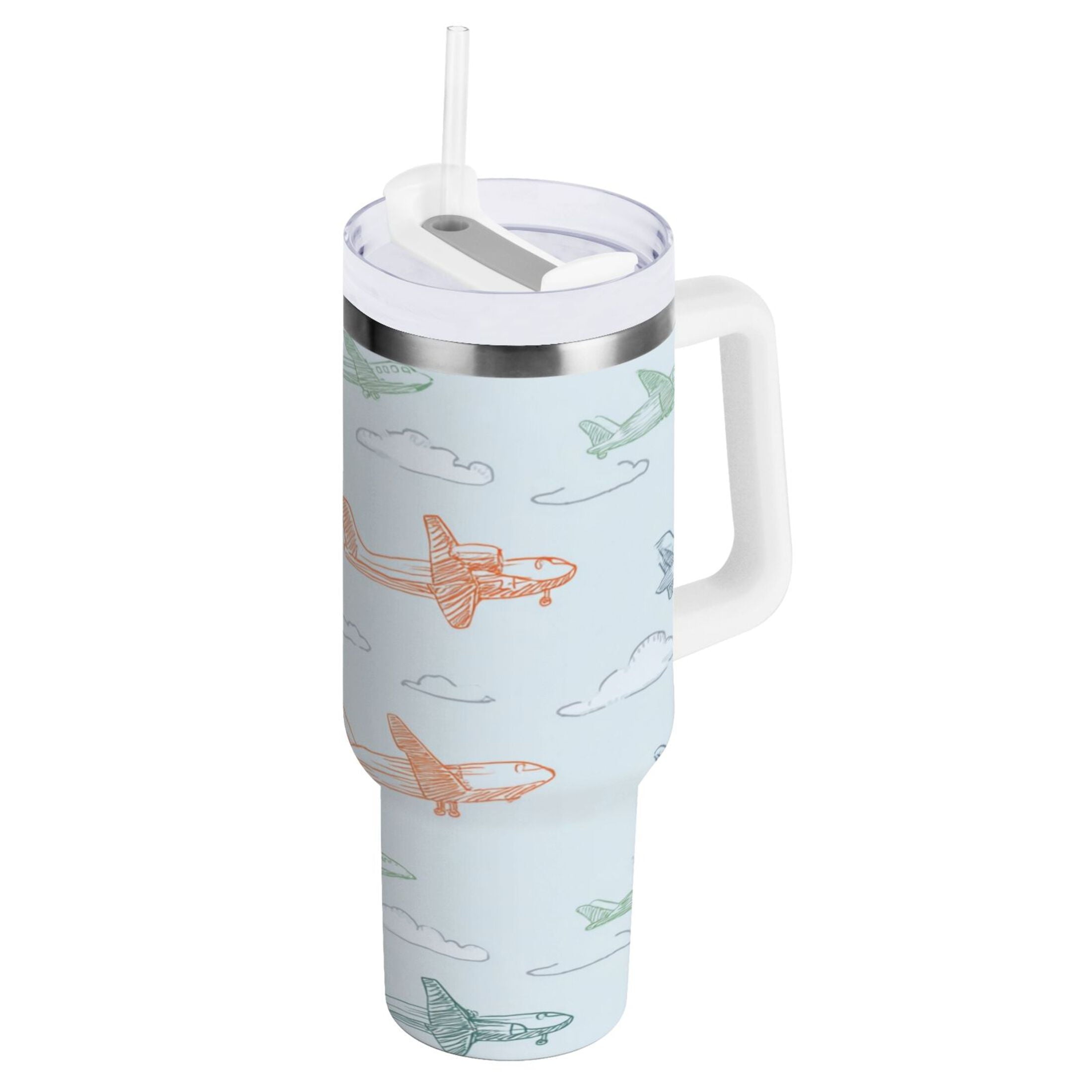 30 oz Insulated Stainless Steel Tumbler Double Wall Stainless Steel Tumbler with 2-Way Drinking Pastel Doodle Airplanes M593S