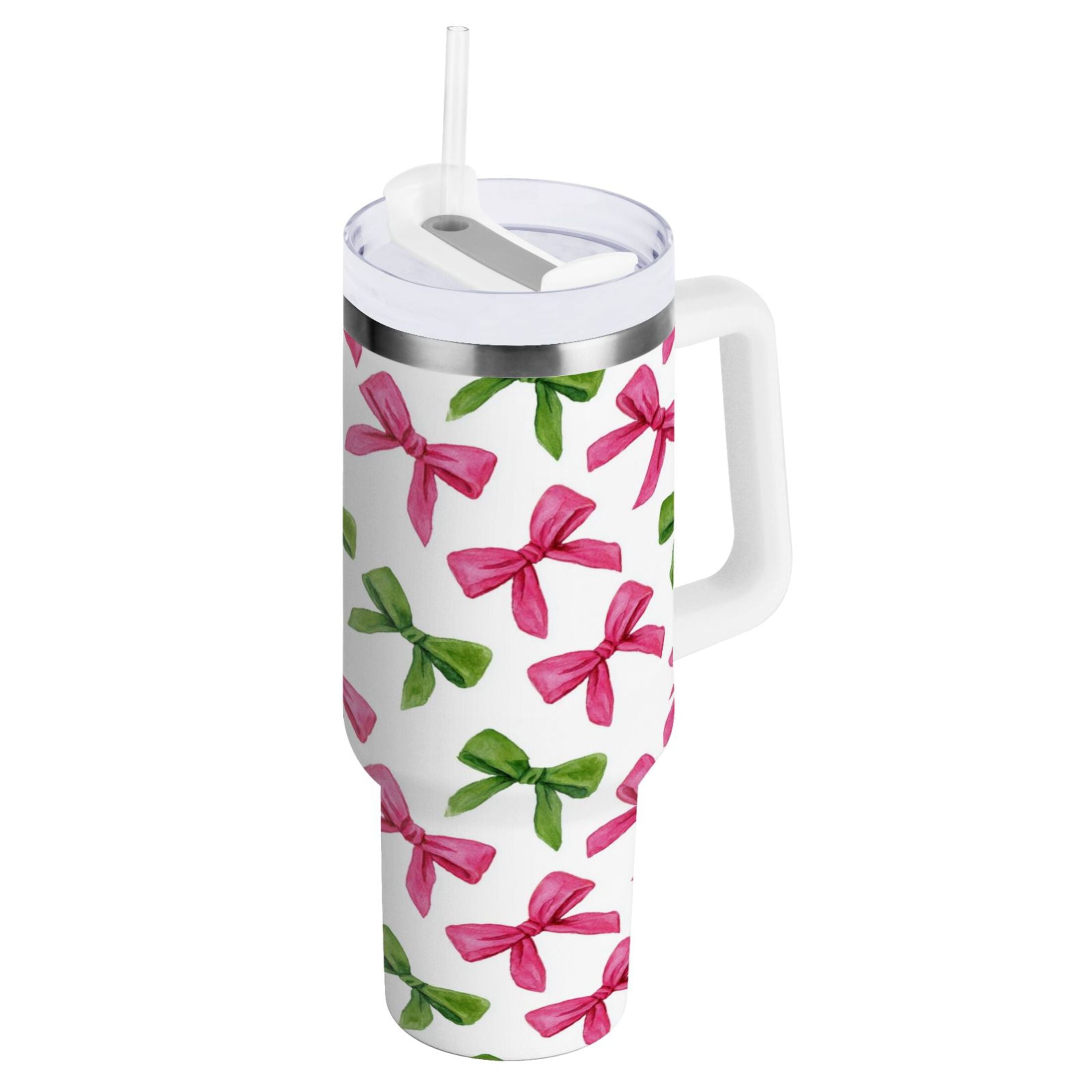 30 oz Insulated Stainless Steel Tumbler Double Wall Stainless Steel Tumbler with 2-Way Drinking Pink Bows and Green Ribbons M649C