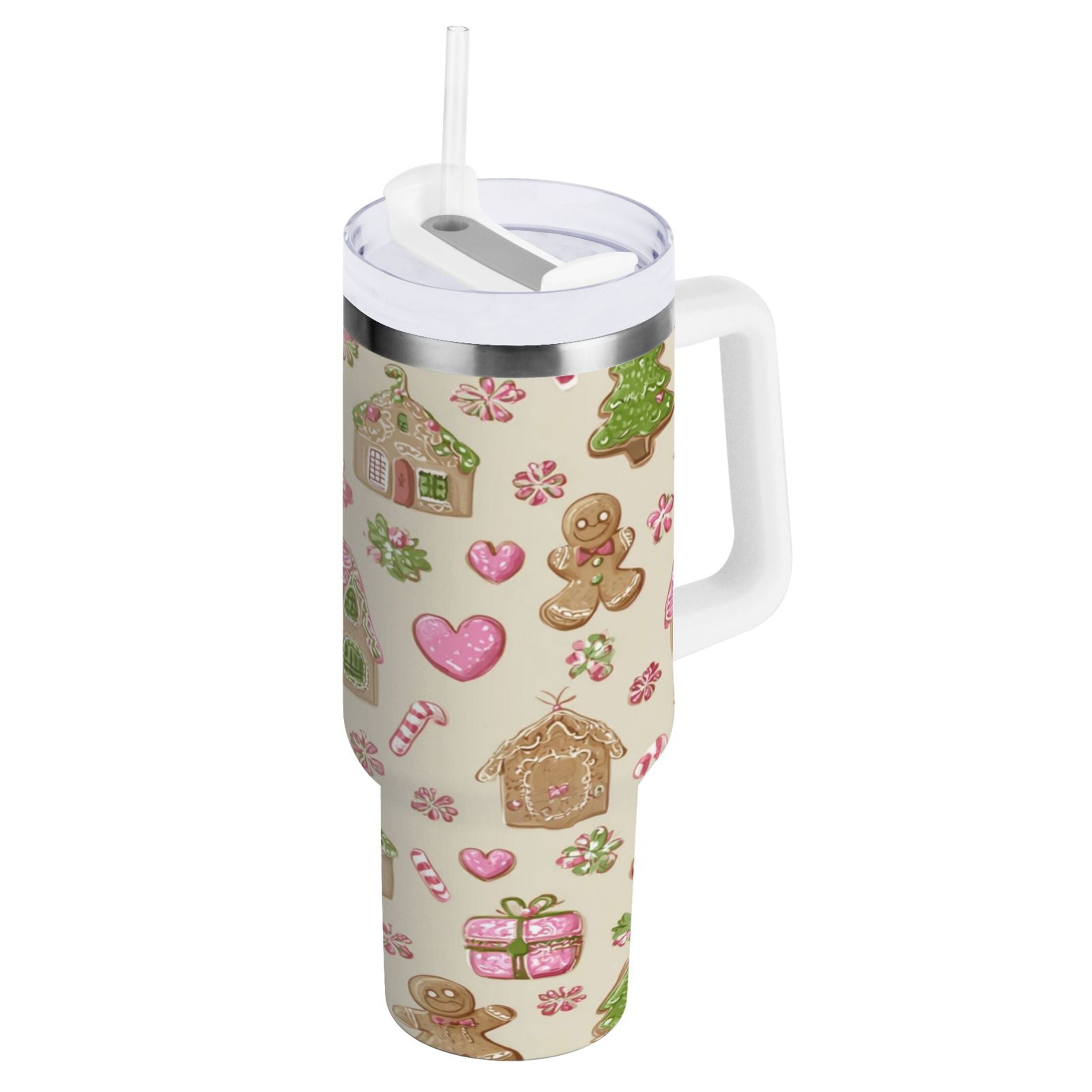 40 oz Insulated Stainless Steel Tumbler Double Wall Stainless Steel Tumbler with 2-Way Drinking Pink Cute Christmas Pattern M564A