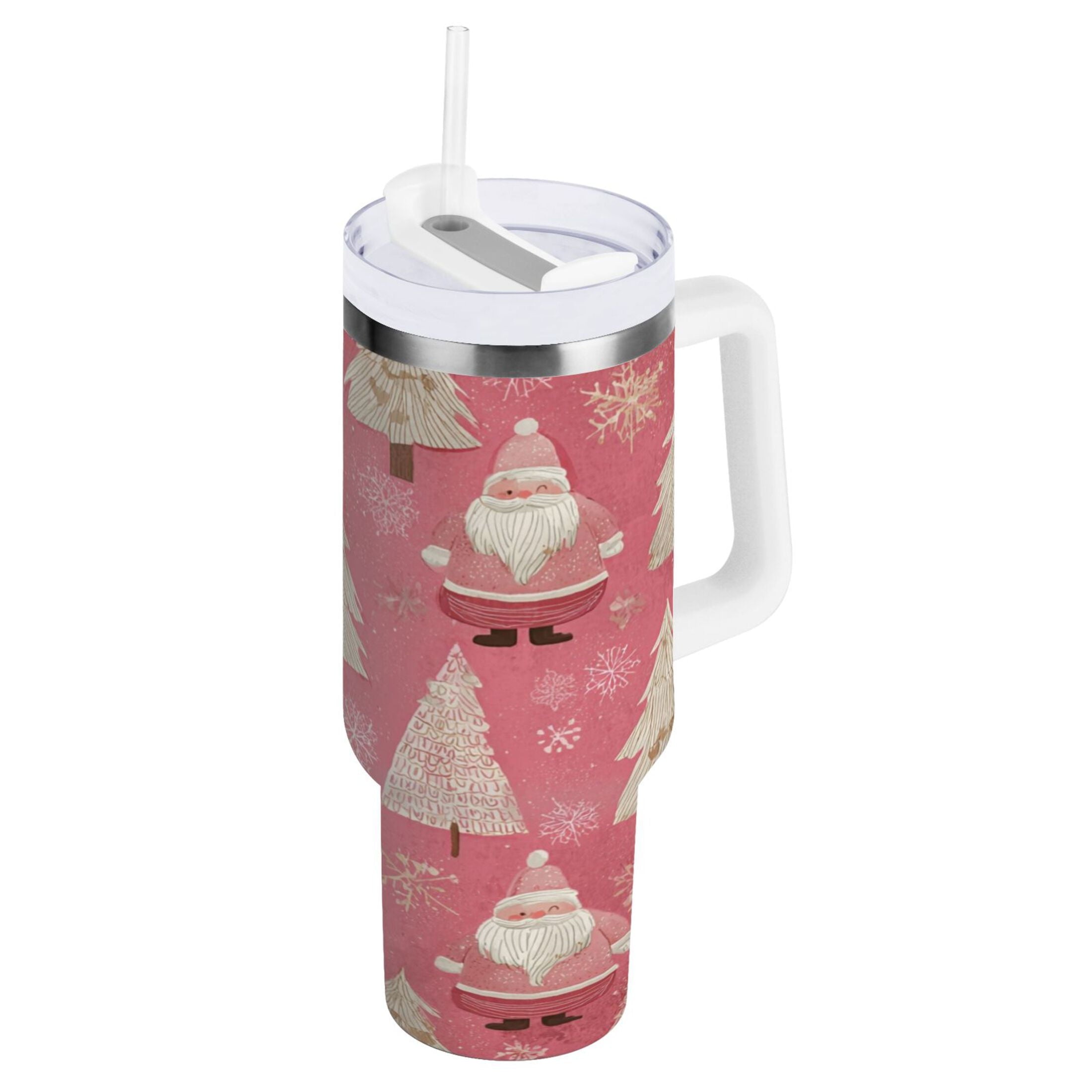40 oz Insulated Stainless Steel Tumbler Double Wall Stainless Steel Tumbler with 2-Way Drinking Pink Santa Claus Pattern M527S