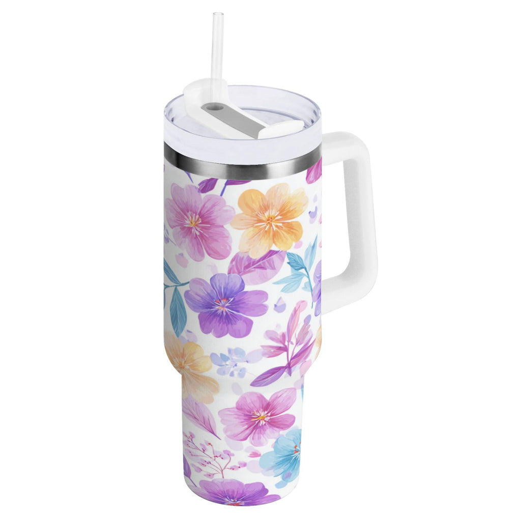 30 oz Insulated Stainless Steel Tumbler Double Wall Stainless Steel Tumbler with 2-Way Drinking Pink and Purple Flowers M424U
