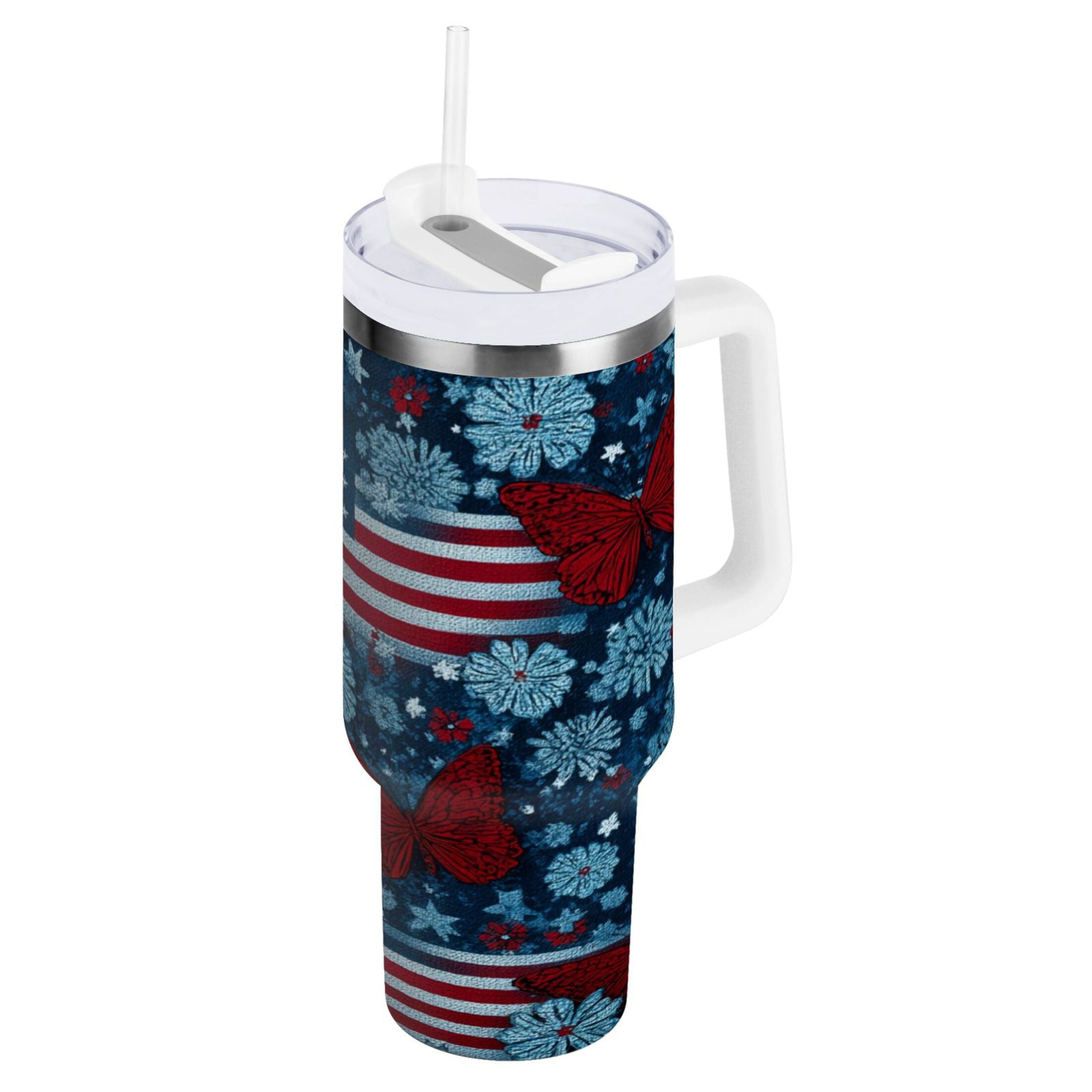 30 oz Insulated Stainless Steel Tumbler Double Wall Stainless Steel Tumbler with 2-Way Drinking Red Butterflies and Flags M621C