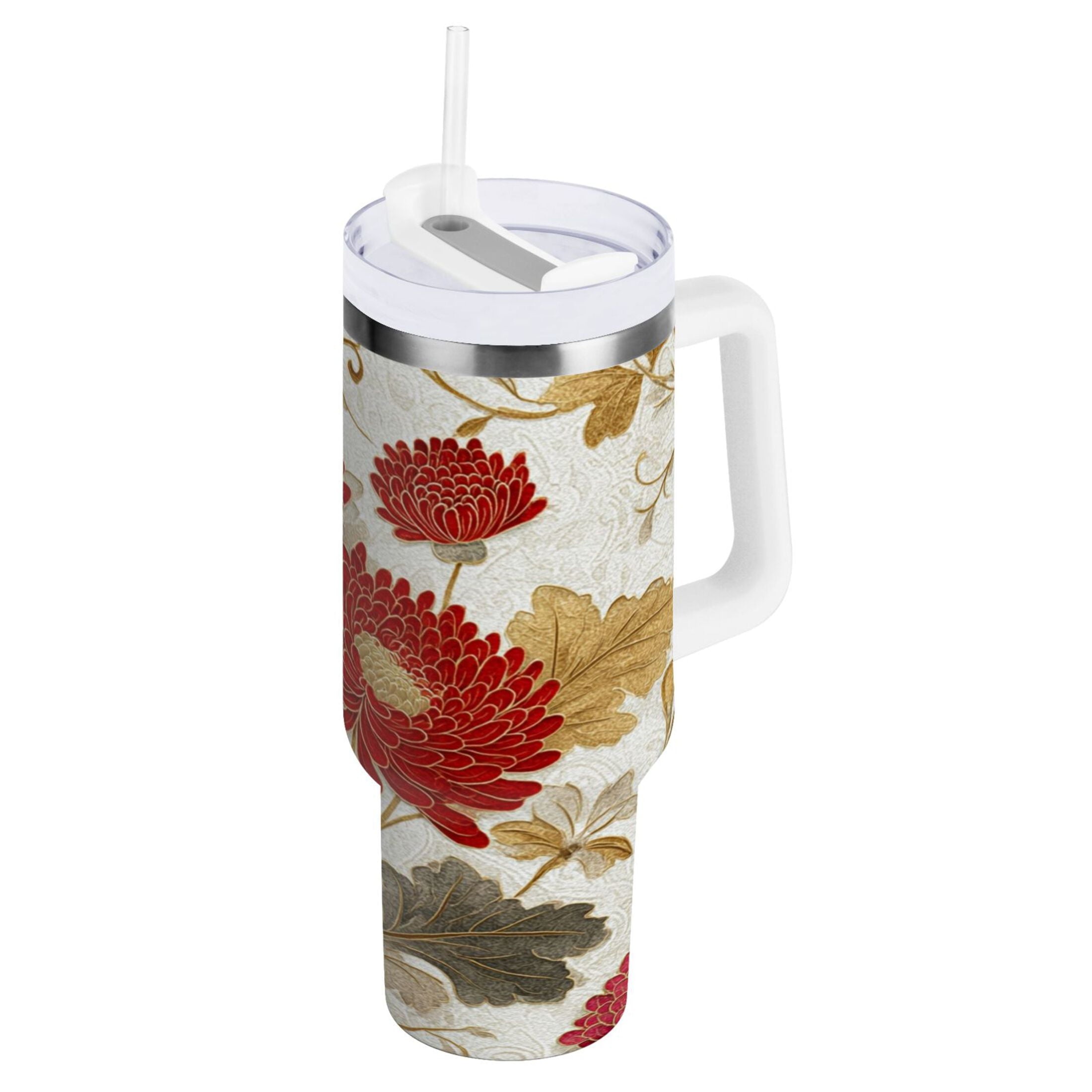 30 oz Insulated Stainless Steel Tumbler Double Wall Stainless Steel Tumbler with 2-Way Drinking Red Chrysanthemum Pattern M676U