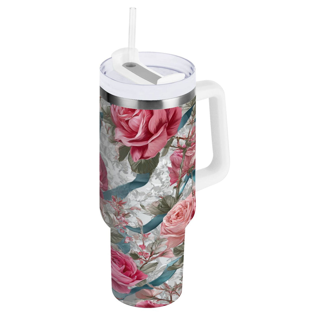 30 oz Insulated Stainless Steel Tumbler Double Wall Stainless Steel Tumbler with 2-Way Drinking Roses and Ribbons M675E