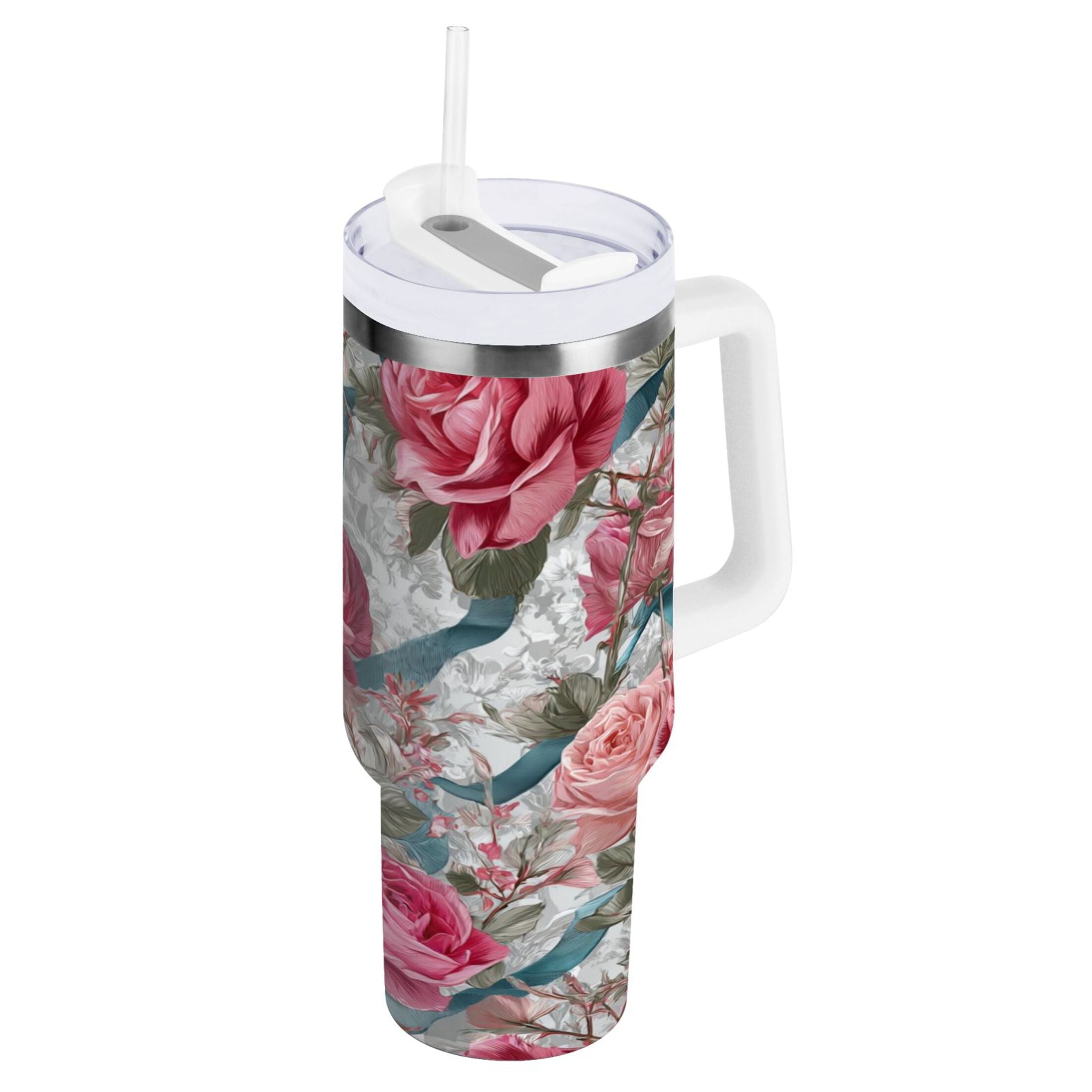 30 oz Insulated Stainless Steel Tumbler Double Wall Stainless Steel Tumbler with 2-Way Drinking Roses and Ribbons M675E