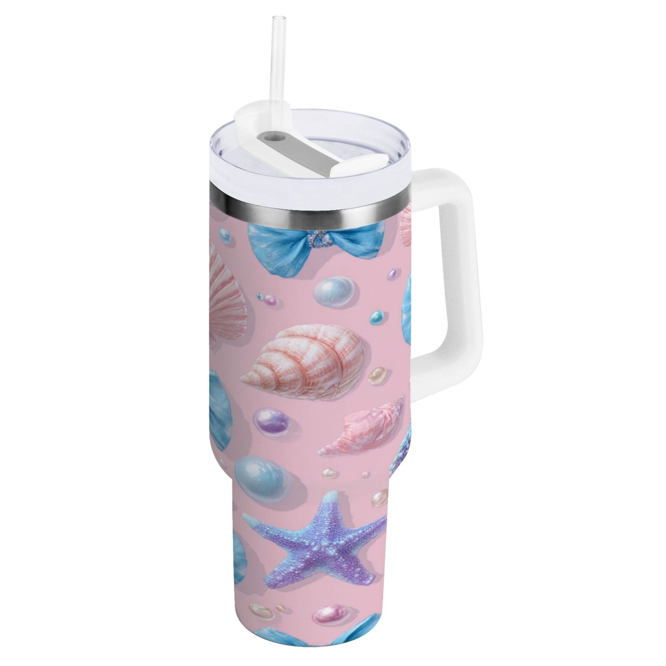 30 oz Insulated Stainless Steel Tumbler Double Wall Stainless Steel Tumbler with 2-Way Drinking Seashells and Bows M519K
