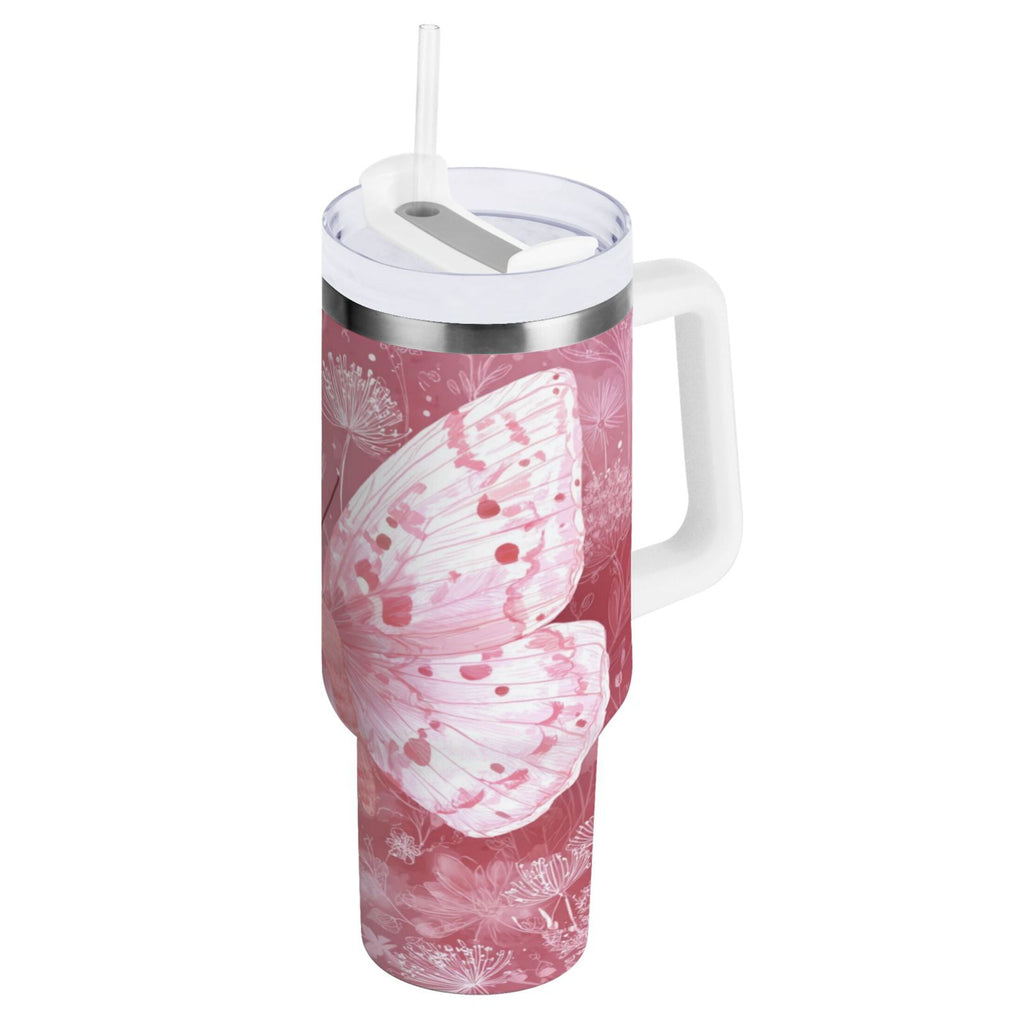 30 oz Insulated Stainless Steel Tumbler Double Wall Stainless Steel Tumbler with 2-Way Drinking Soft Pink Butterfly M561T
