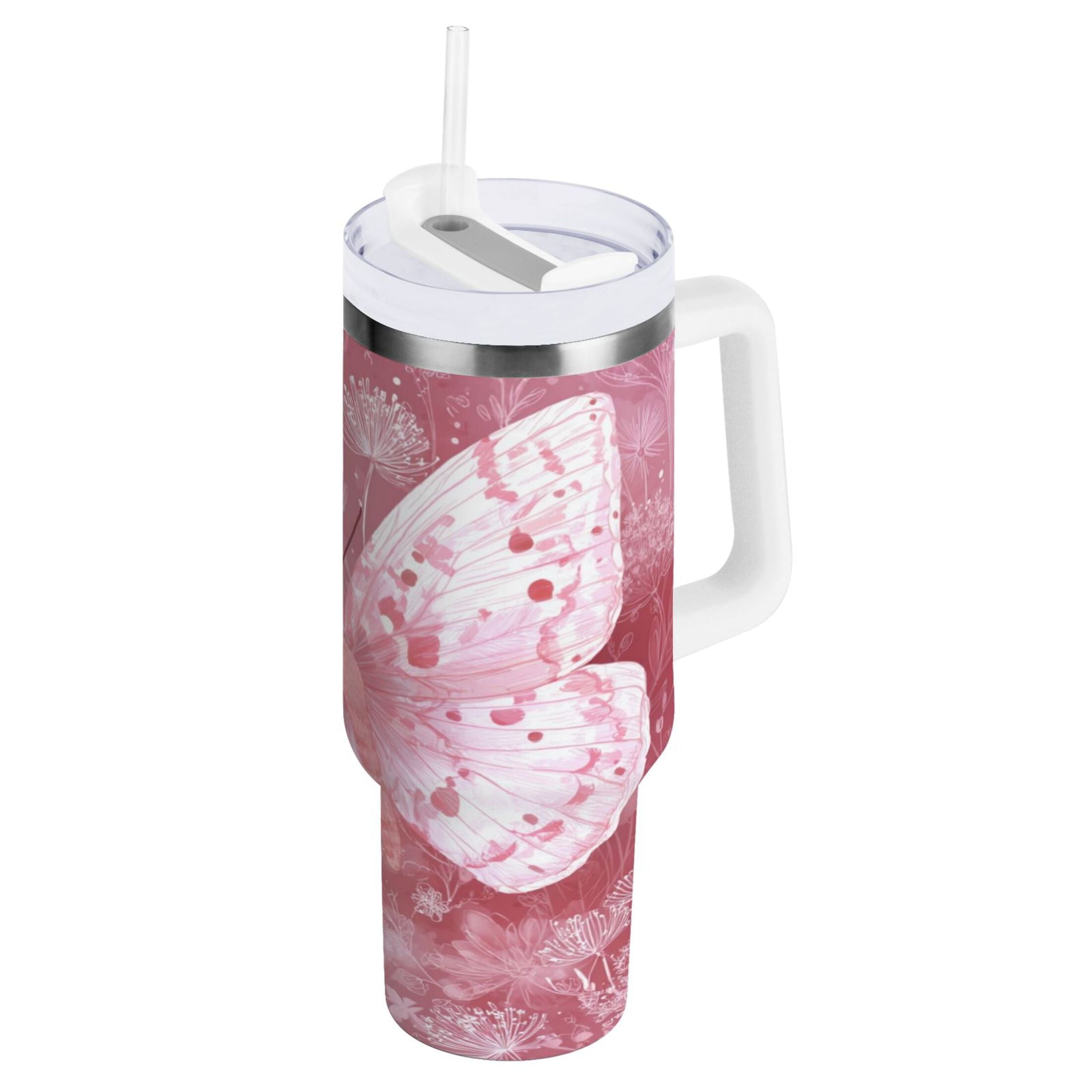 30 oz Insulated Stainless Steel Tumbler Double Wall Stainless Steel Tumbler with 2-Way Drinking Soft Pink Butterfly M561T