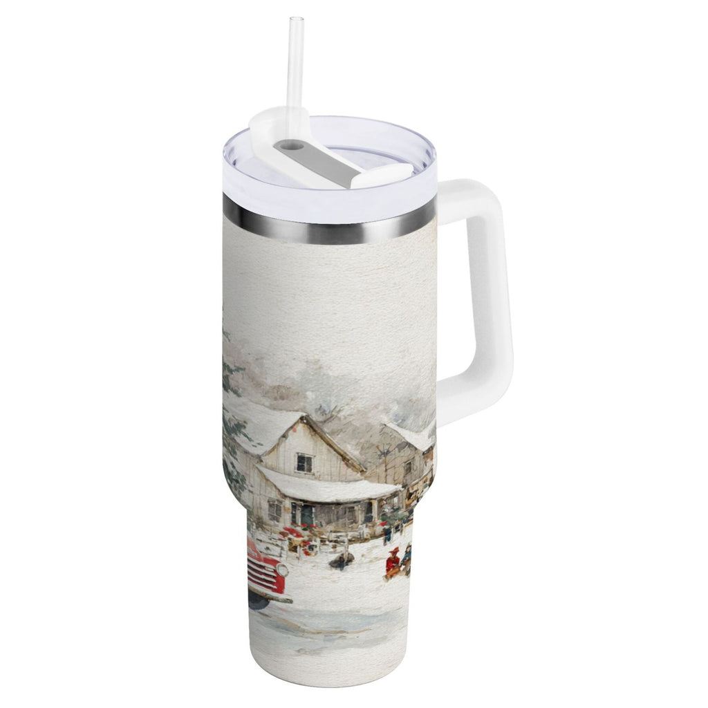 30 oz Insulated Stainless Steel Tumbler Double Wall Stainless Steel Tumbler with 2-Way Drinking Truck with Christmas Decorations M657B