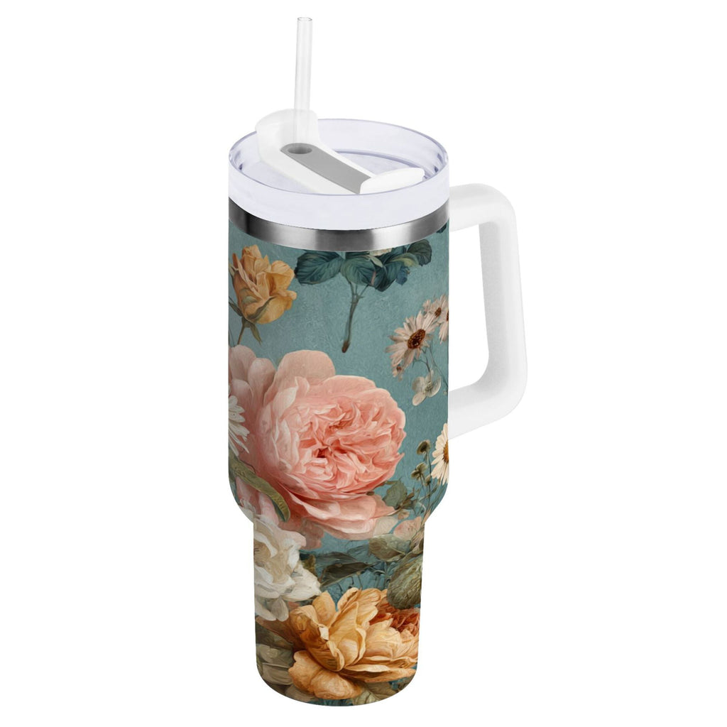 30 oz Insulated Stainless Steel Tumbler Double Wall Stainless Steel Tumbler with 2-Way Drinking Vintage Roses and Peonies M667B