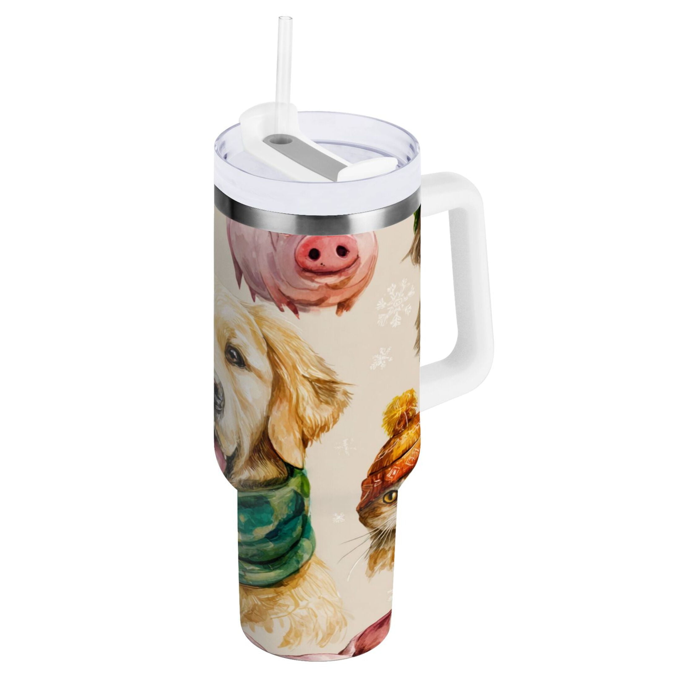 30 oz Insulated Stainless Steel Tumbler Double Wall Stainless Steel Tumbler with 2-Way Drinking Watercolor Animals Pattern M618F