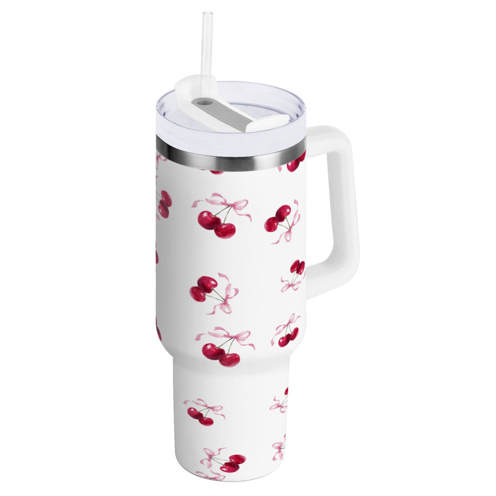 30 oz Insulated Stainless Steel Tumbler Double Wall Stainless Steel Tumbler with 2-Way Drinking Watercolor Cherries Pattern M604Z