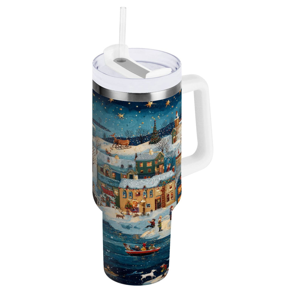 30 oz Insulated Stainless Steel Tumbler Double Wall Stainless Steel Tumbler with 2-Way Drinking Whimsical Christmas Scene M545Q