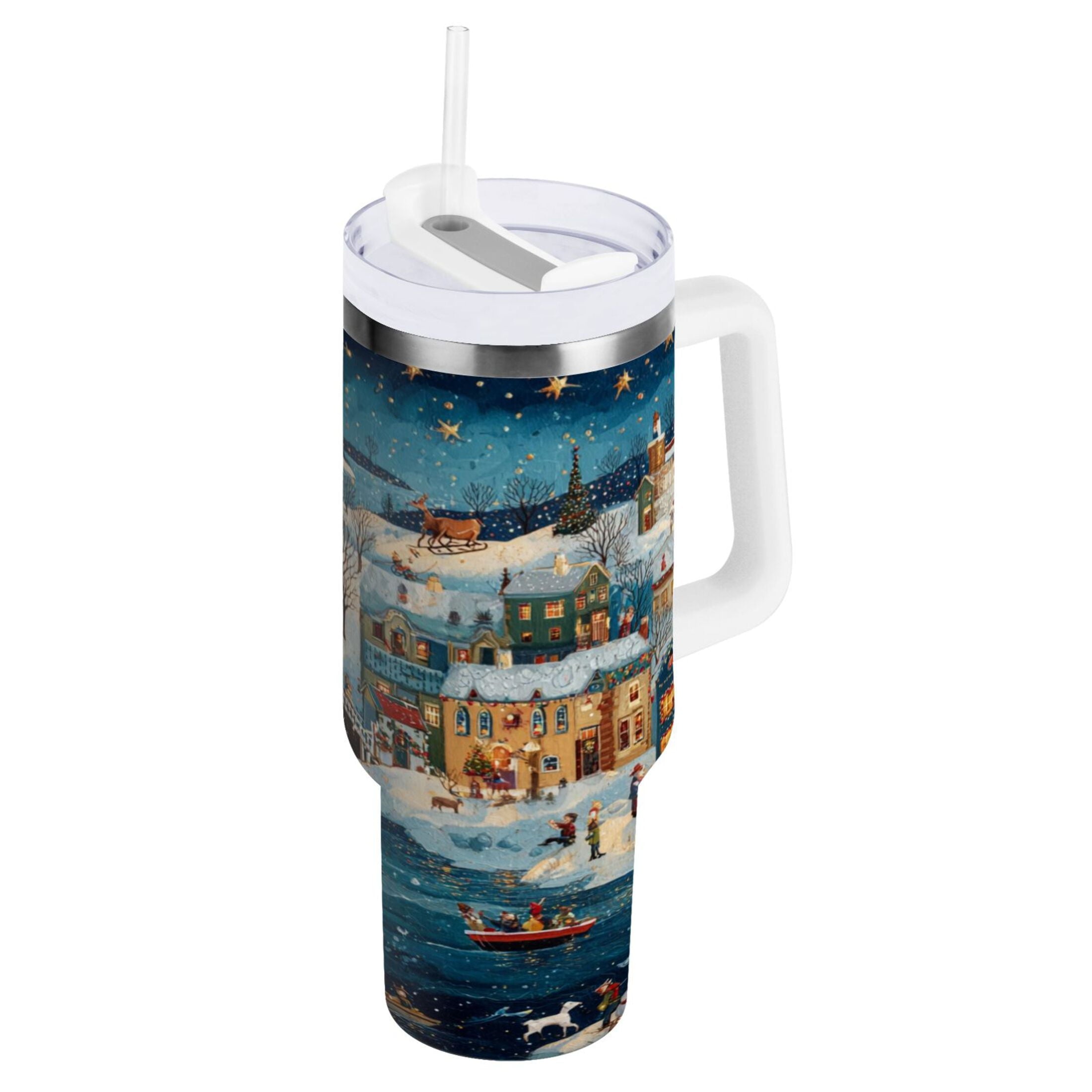 30 oz Insulated Stainless Steel Tumbler Double Wall Stainless Steel Tumbler with 2-Way Drinking Whimsical Christmas Scene M545Q