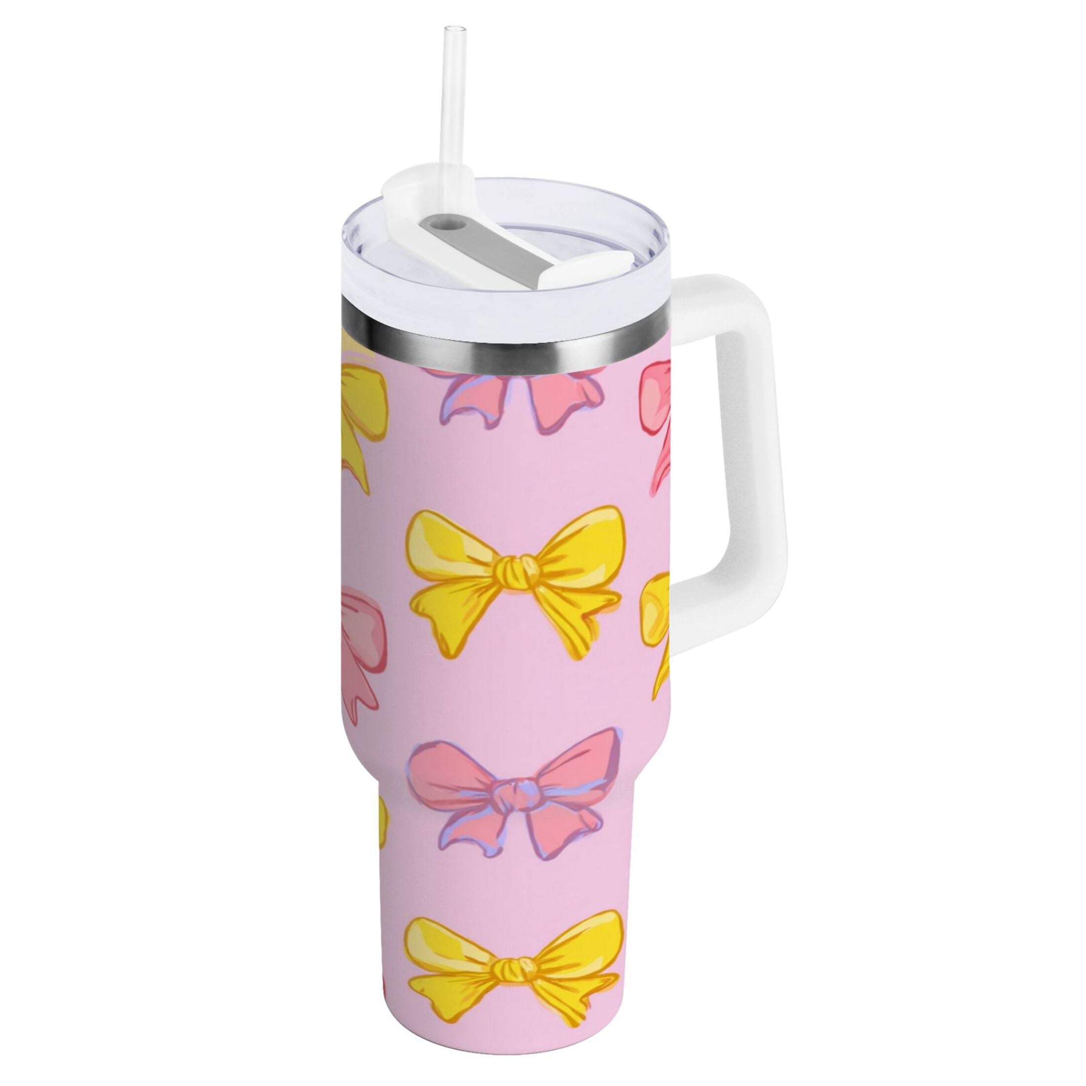 30 oz Insulated Stainless Steel Tumbler Double Wall Stainless Steel Tumbler with 2-Way Drinking Yellow and Pink Bows M566X
