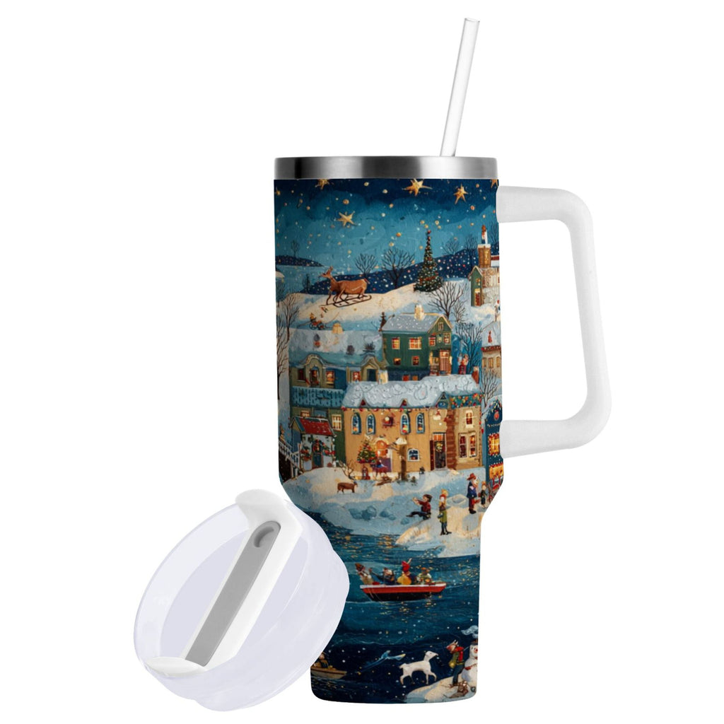 30 oz Insulated Stainless Steel Tumbler Double Wall Stainless Steel Tumbler with 2-Way Drinking Whimsical Christmas Scene M545Q