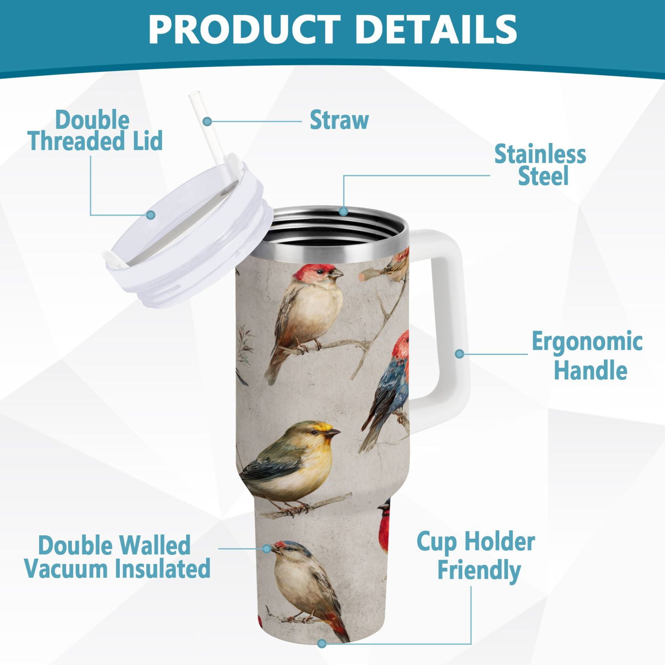 40 oz Insulated Stainless Steel Tumbler Double Wall Stainless Steel Tumbler with 2-Way Drinking Birds Pattern M612F