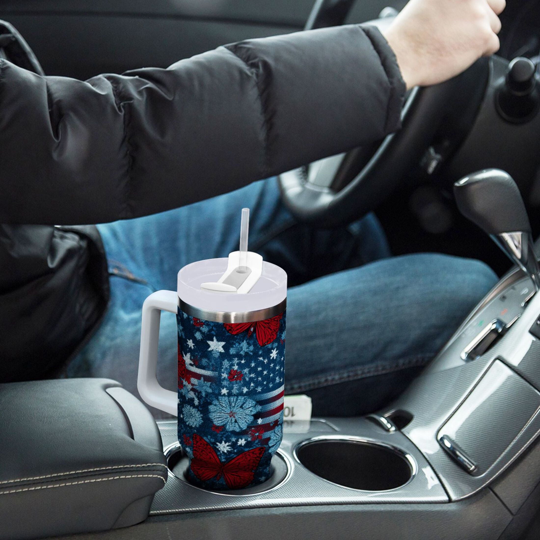 30 oz Insulated Stainless Steel Tumbler Double Wall Stainless Steel Tumbler with 2-Way Drinking Red Butterflies and Flags M621C