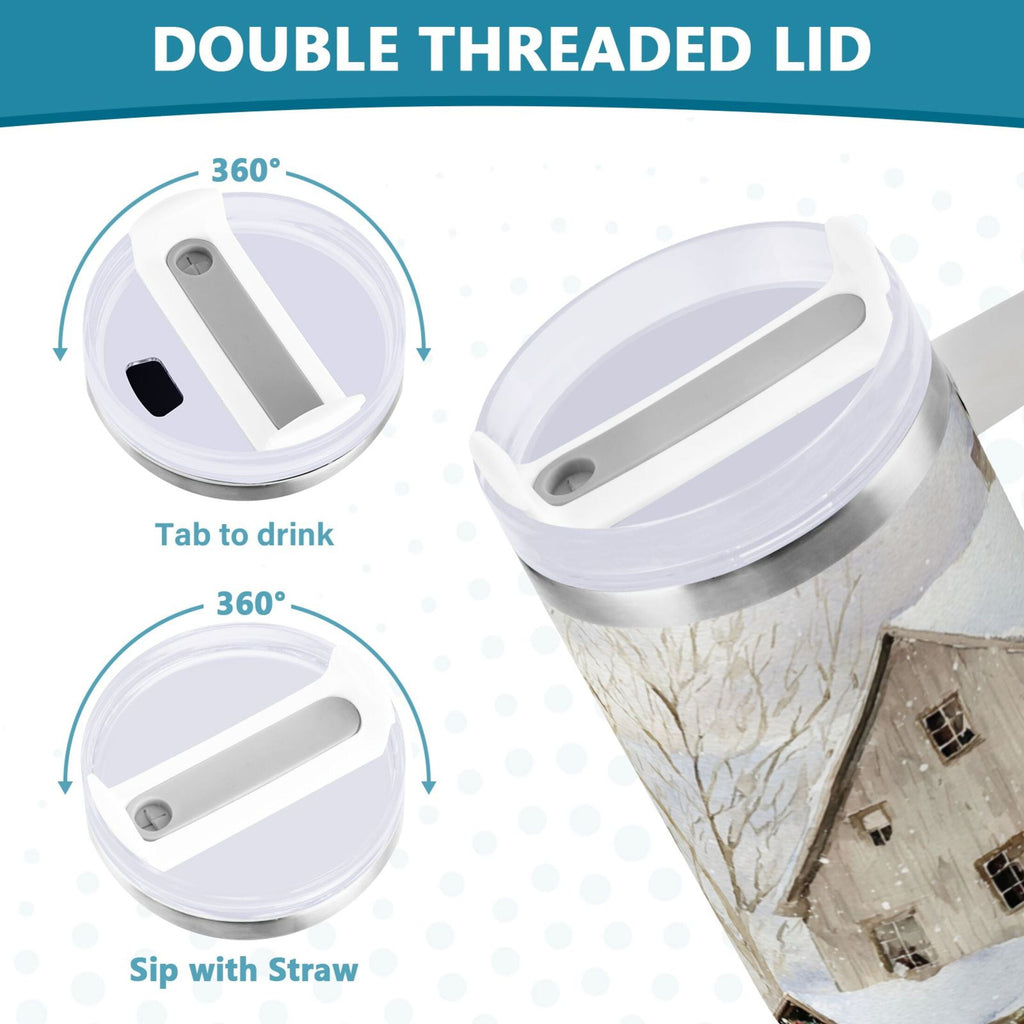 40 oz Insulated Stainless Steel Tumbler Double Wall Stainless Steel Tumbler with 2-Way Drinking Farm Snow Scene M645P