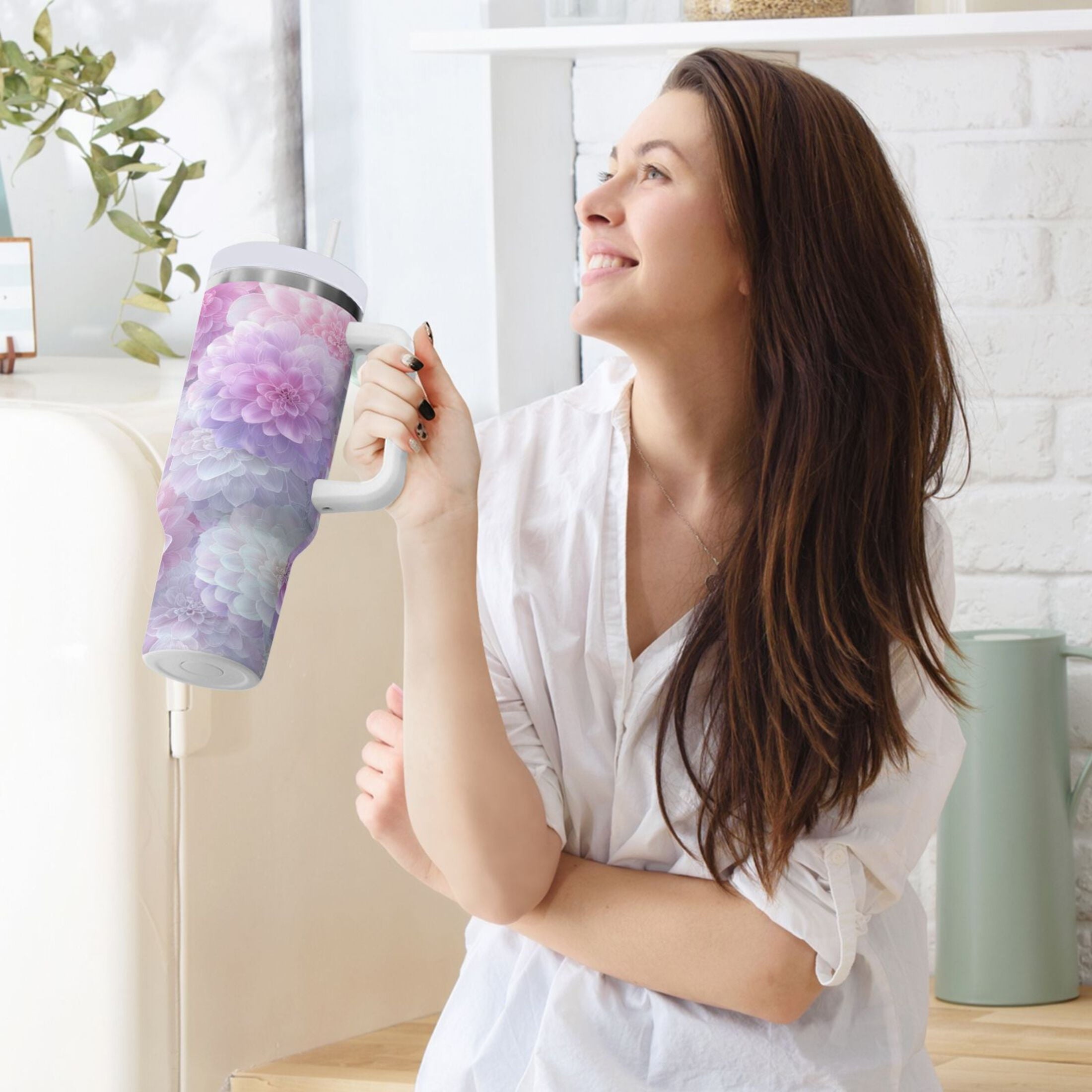 30 oz Insulated Stainless Steel Tumbler Double Wall Stainless Steel Tumbler with 2-Way Drinking Cute Pastel Watercolor Floral M578H