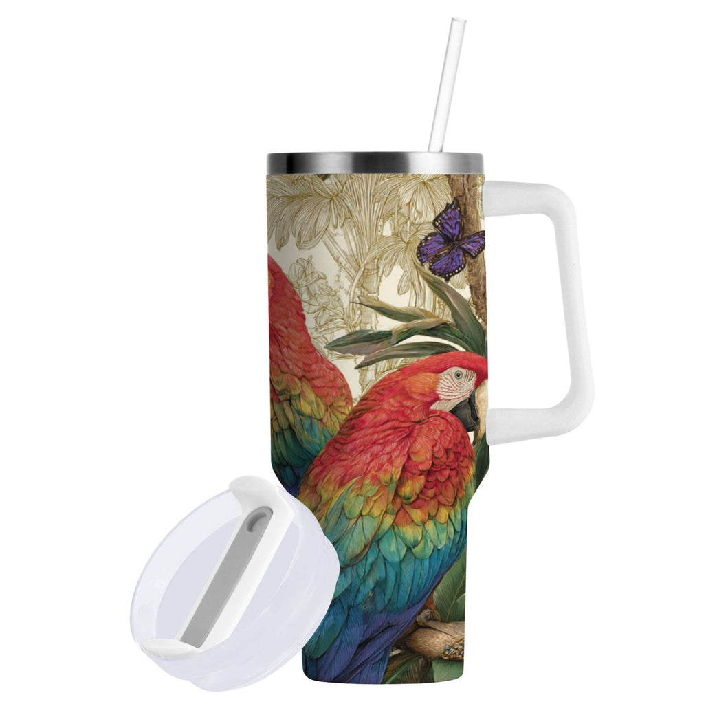 30 oz Insulated Stainless Steel Tumbler Double Wall Stainless Steel Tumbler with 2-Way Drinking Colorful Beautiful Parrots M520C