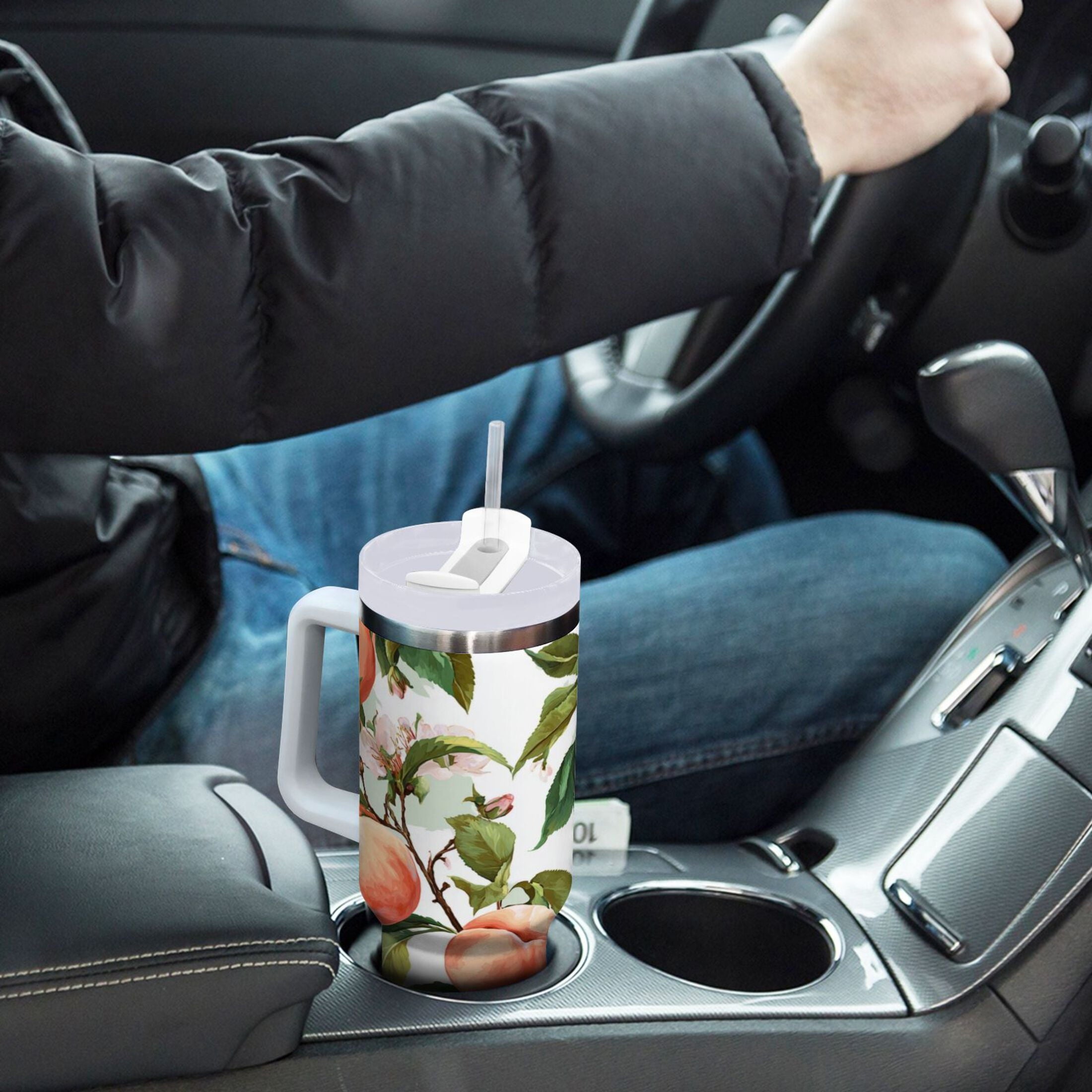 30 oz Insulated Stainless Steel Tumbler Double Wall Stainless Steel Tumbler with 2-Way Drinking Peach Fruit Pattern M503G