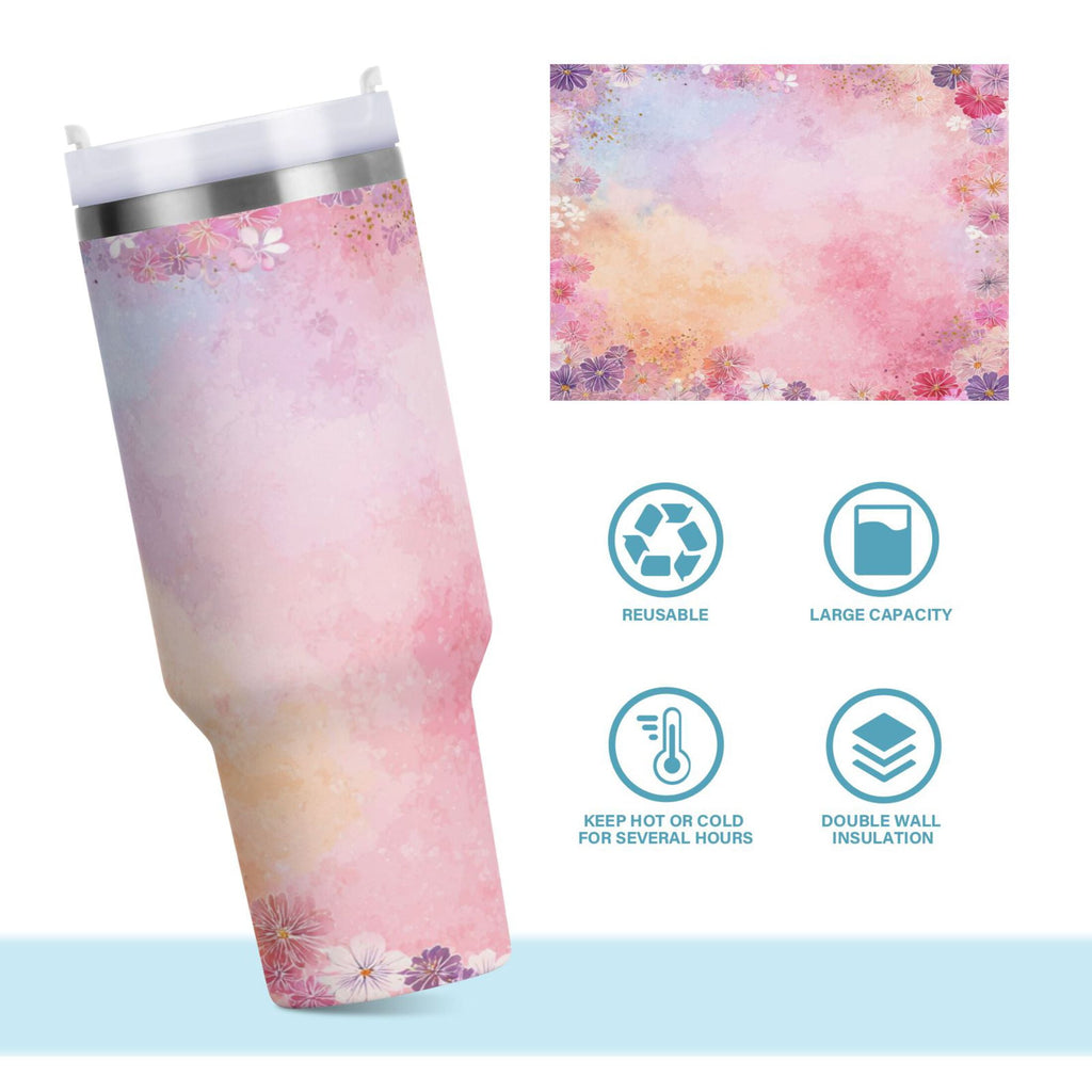 30 oz Insulated Stainless Steel Tumbler Double Wall Stainless Steel Tumbler with 2-Way Drinking Colorful Pastel Floral Pattern M514G