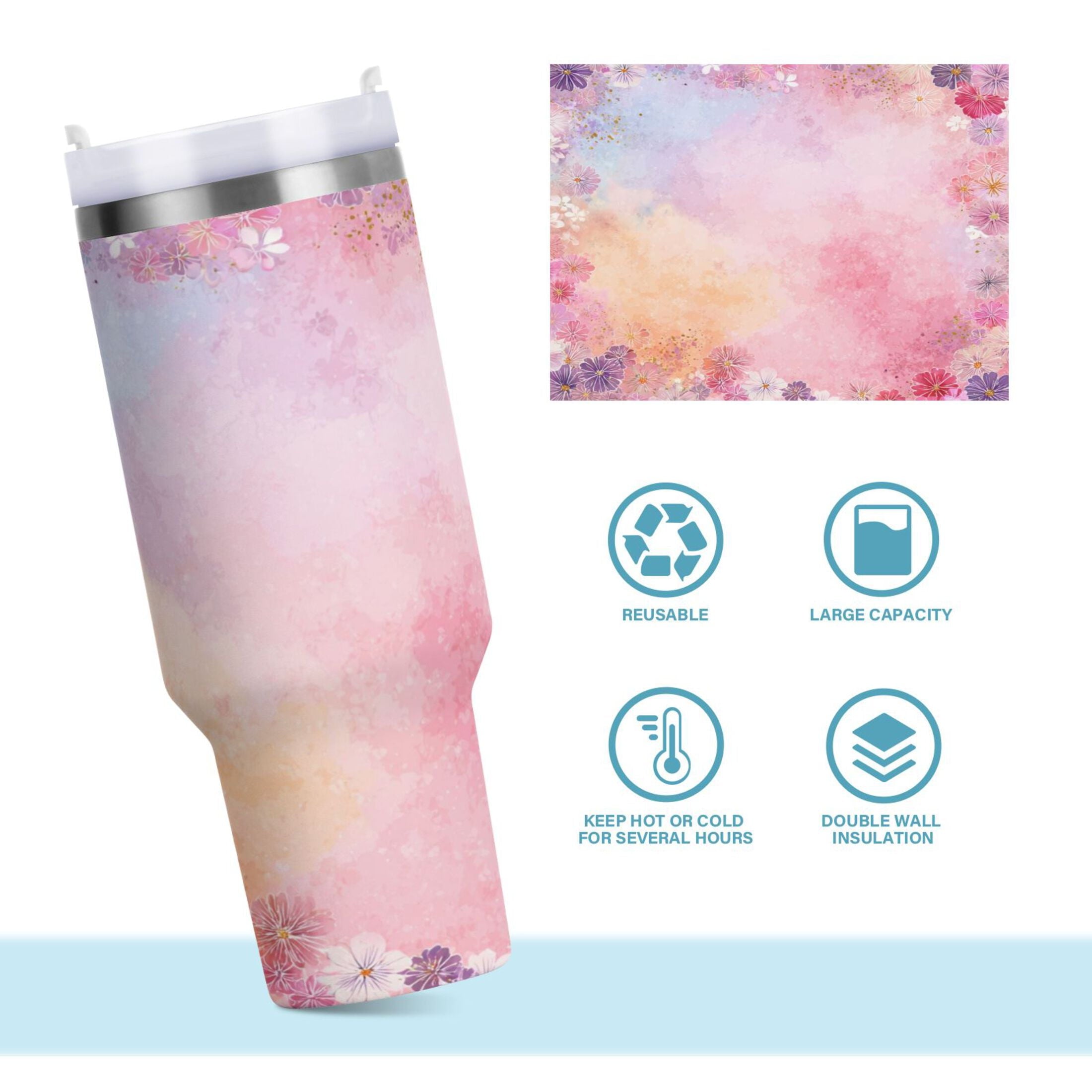 30 oz Insulated Stainless Steel Tumbler Double Wall Stainless Steel Tumbler with 2-Way Drinking Colorful Pastel Floral Pattern M514G