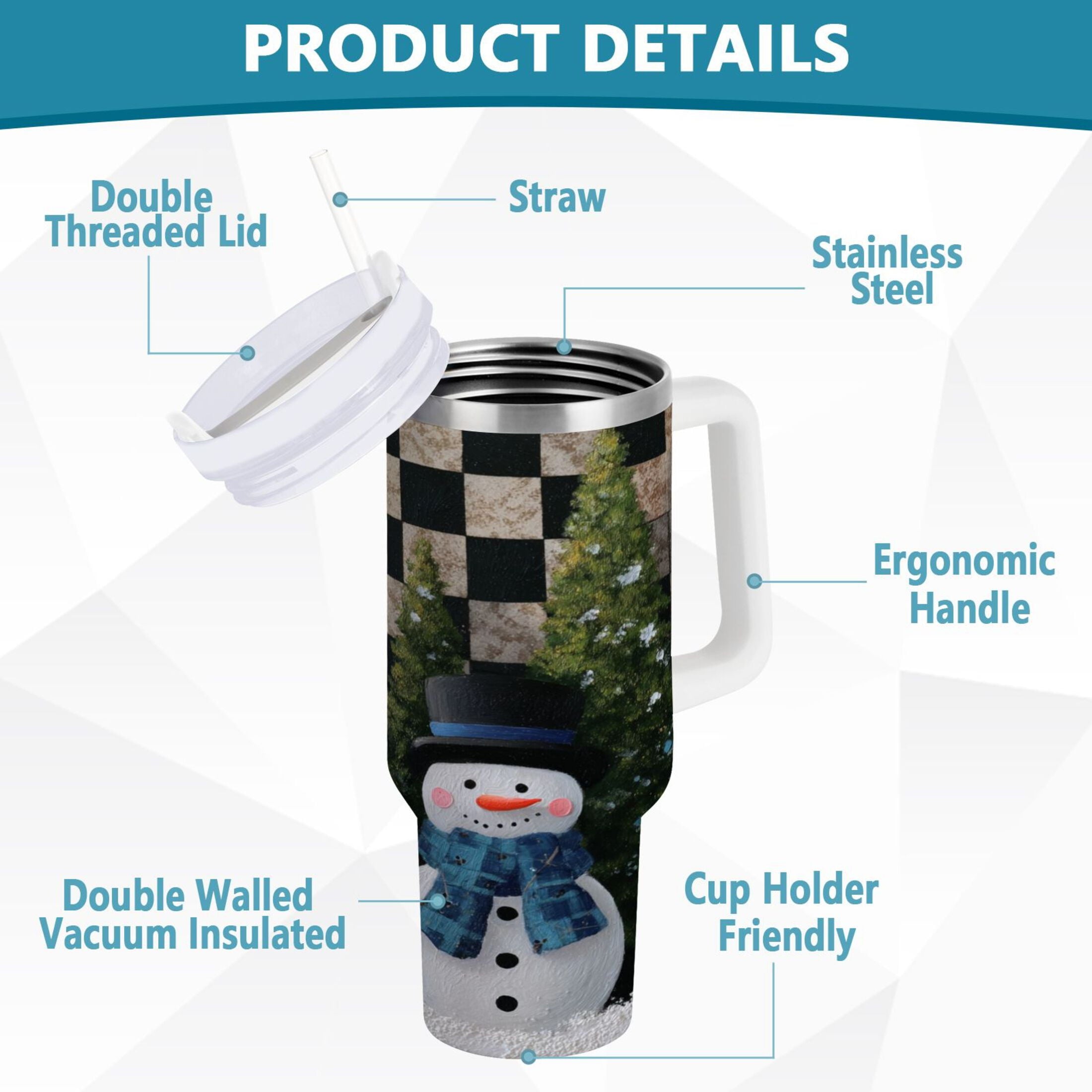 30 oz Insulated Stainless Steel Tumbler Double Wall Stainless Steel Tumbler with 2-Way Drinking Two Snowmen Pattern M501A