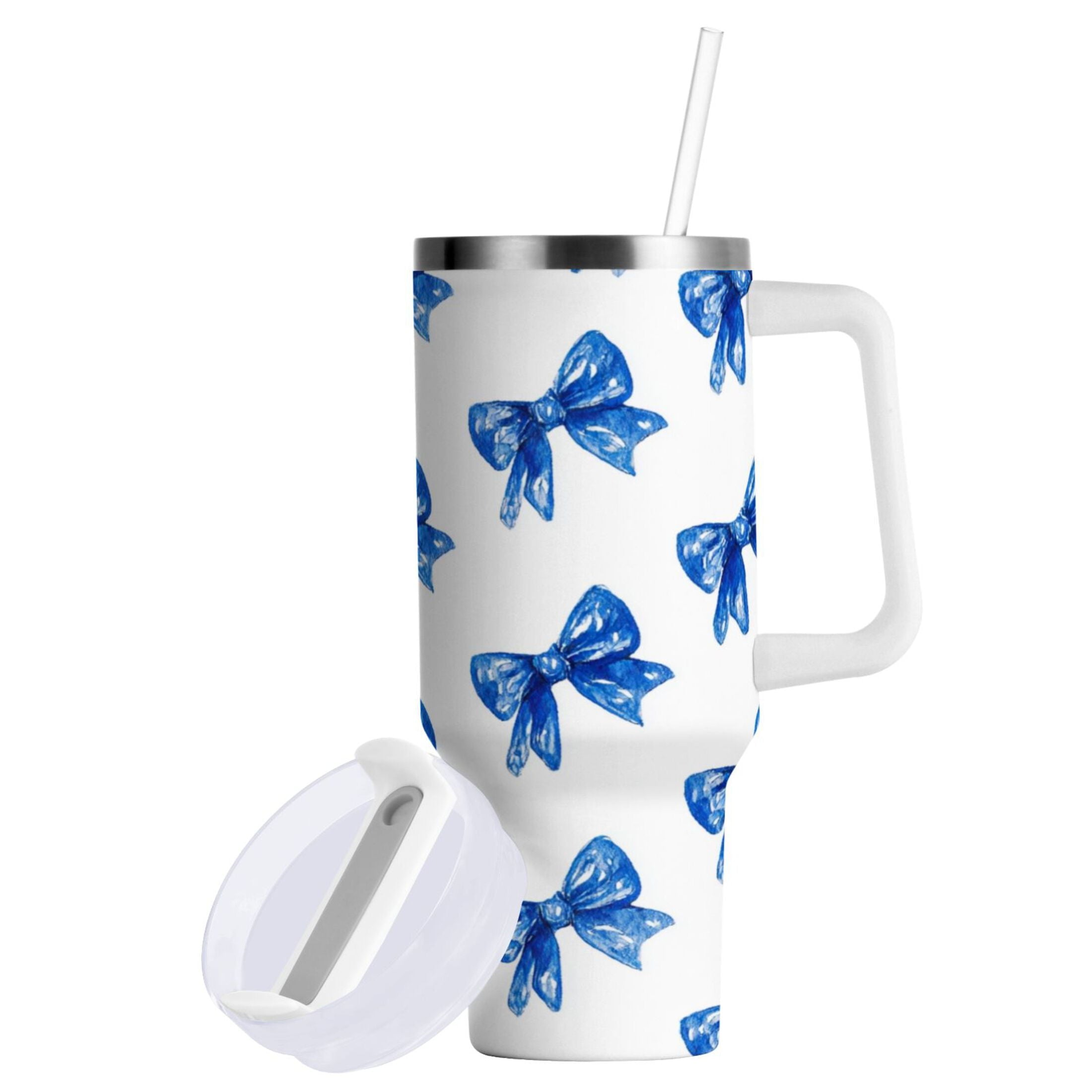 30 oz Insulated Stainless Steel Tumbler Double Wall Stainless Steel Tumbler with 2-Way Drinking Blue Bows Pattern M620U