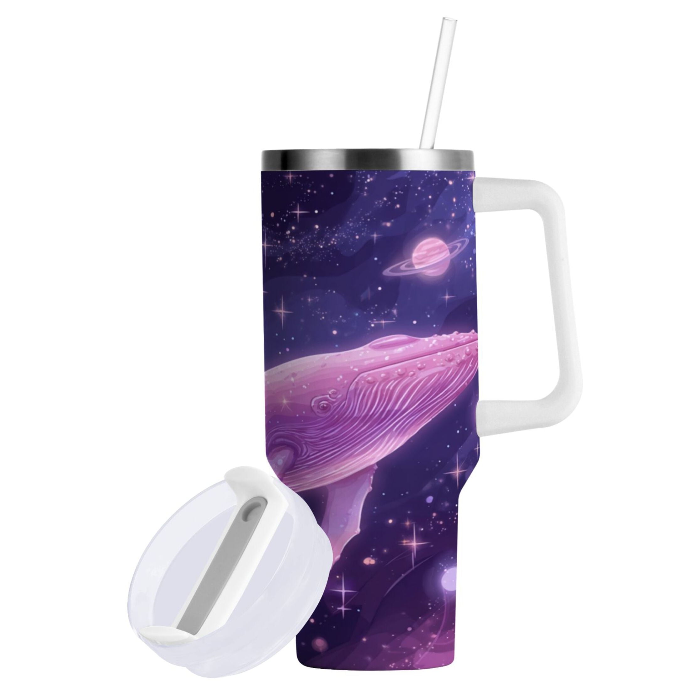 30 oz Insulated Stainless Steel Tumbler Double Wall Stainless Steel Tumbler with 2-Way Drinking Whale in Space M571G