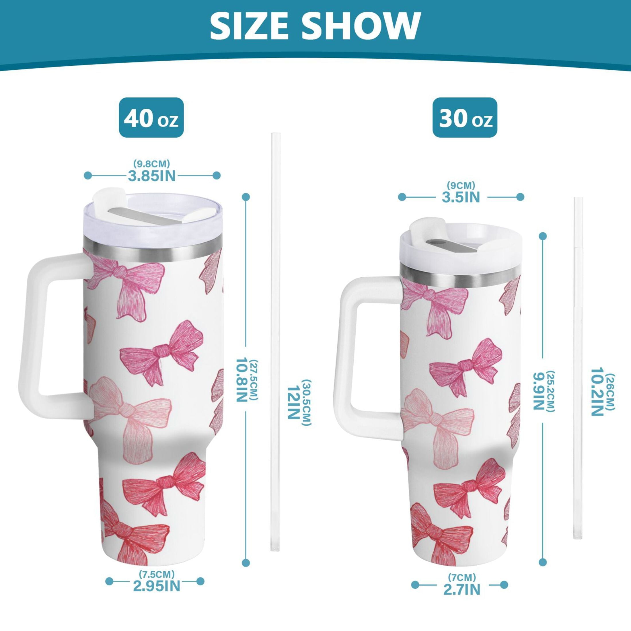 40 oz Insulated Stainless Steel Tumbler Double Wall Stainless Steel Tumbler with 2-Way Drinking Pink Bows Pattern M570V