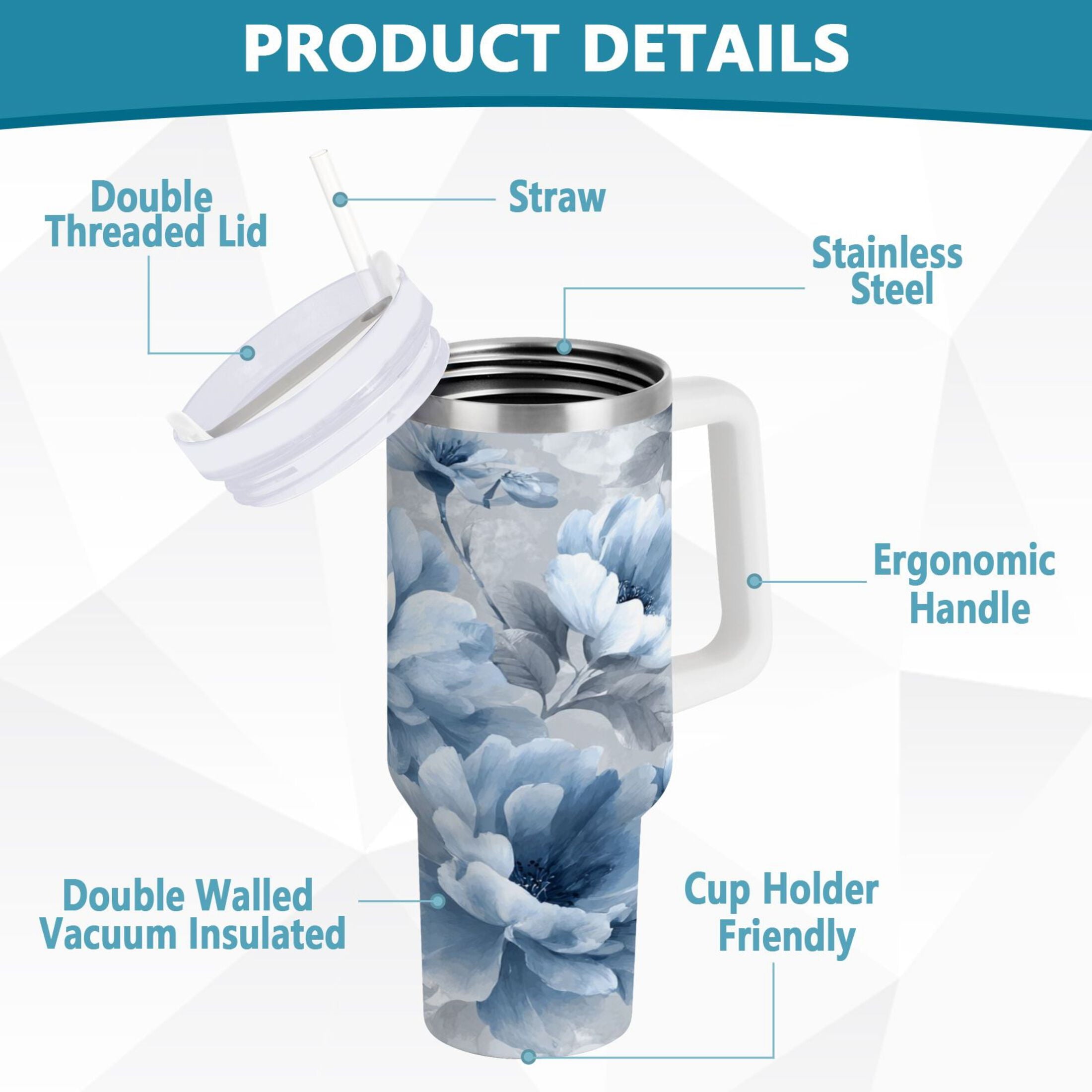 40 oz Insulated Stainless Steel Tumbler Double Wall Stainless Steel Tumbler with 2-Way Drinking White Floral Pattern M584Y