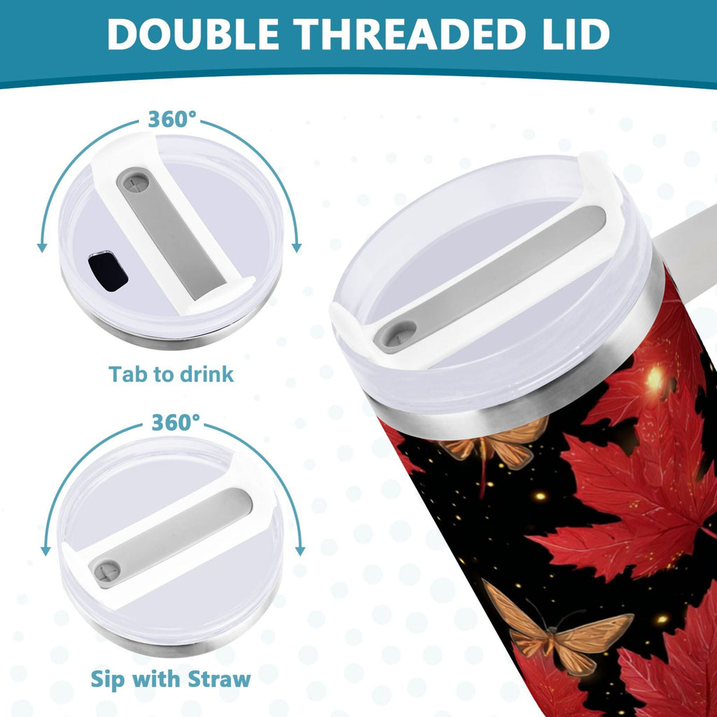 40 oz Insulated Stainless Steel Tumbler Double Wall Stainless Steel Tumbler with 2-Way Drinking Maple Leaves and Fireflies M516E