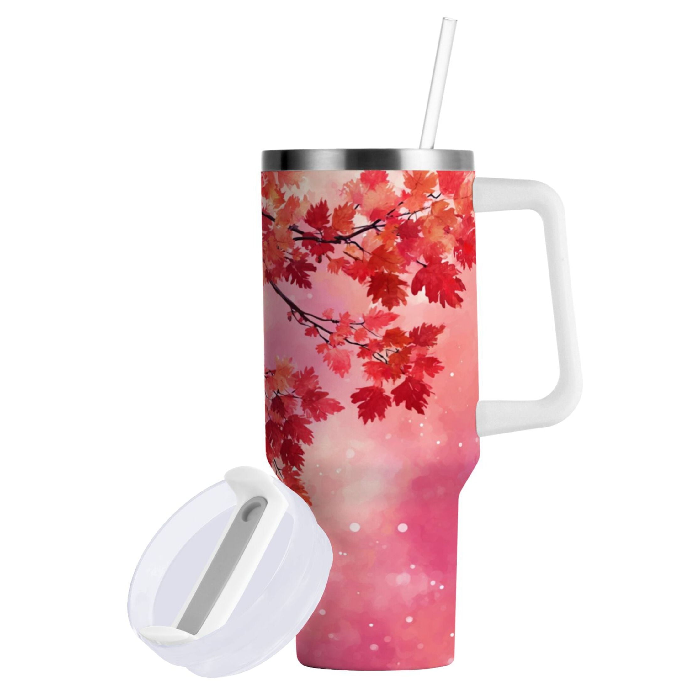 30 oz Insulated Stainless Steel Tumbler Double Wall Stainless Steel Tumbler with 2-Way Drinking Watercolor Red Maple Leaves M472N