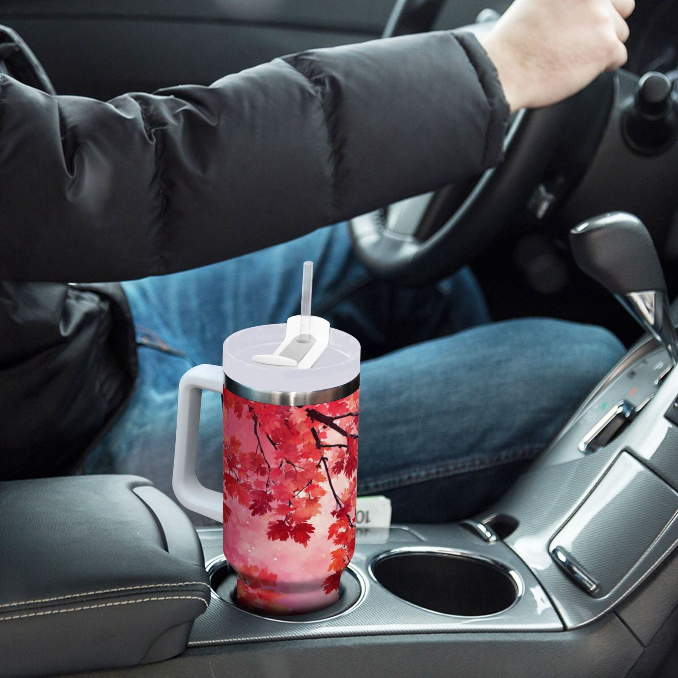 30 oz Insulated Stainless Steel Tumbler Double Wall Stainless Steel Tumbler with 2-Way Drinking Watercolor Red Maple Leaves M472N