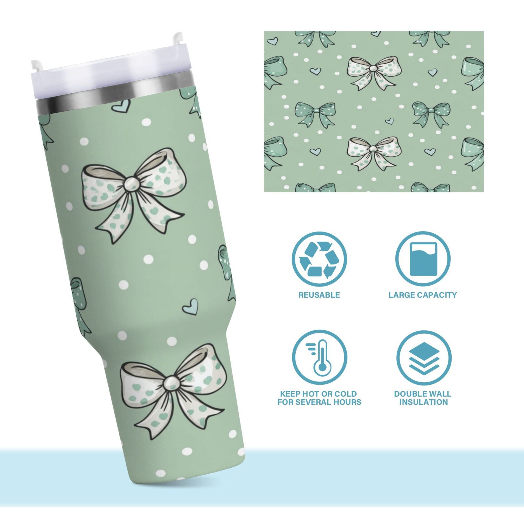 30 oz Insulated Stainless Steel Tumbler Double Wall Stainless Steel Tumbler with 2-Way Drinking Green and Mint Bows M559Y
