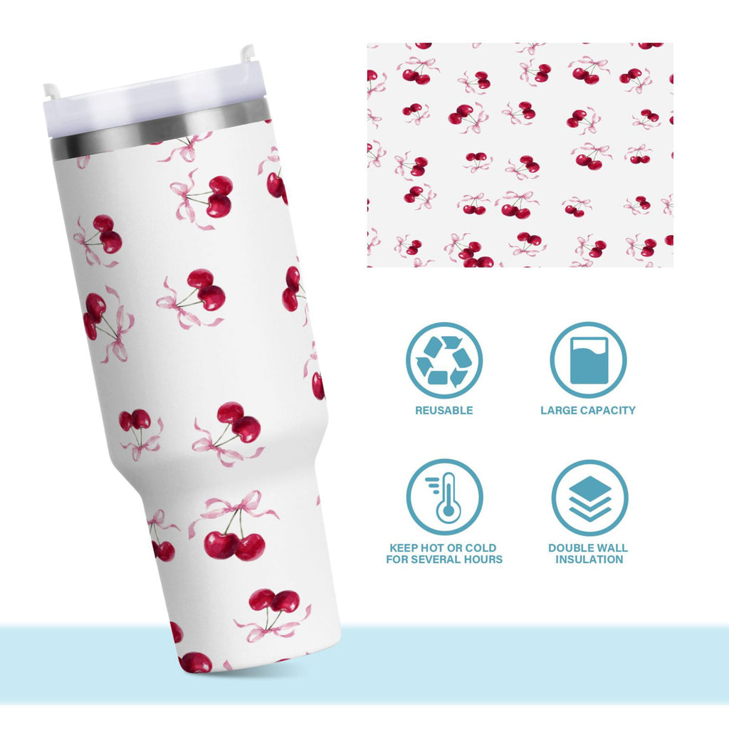 30 oz Insulated Stainless Steel Tumbler Double Wall Stainless Steel Tumbler with 2-Way Drinking Watercolor Cherries Pattern M604Z