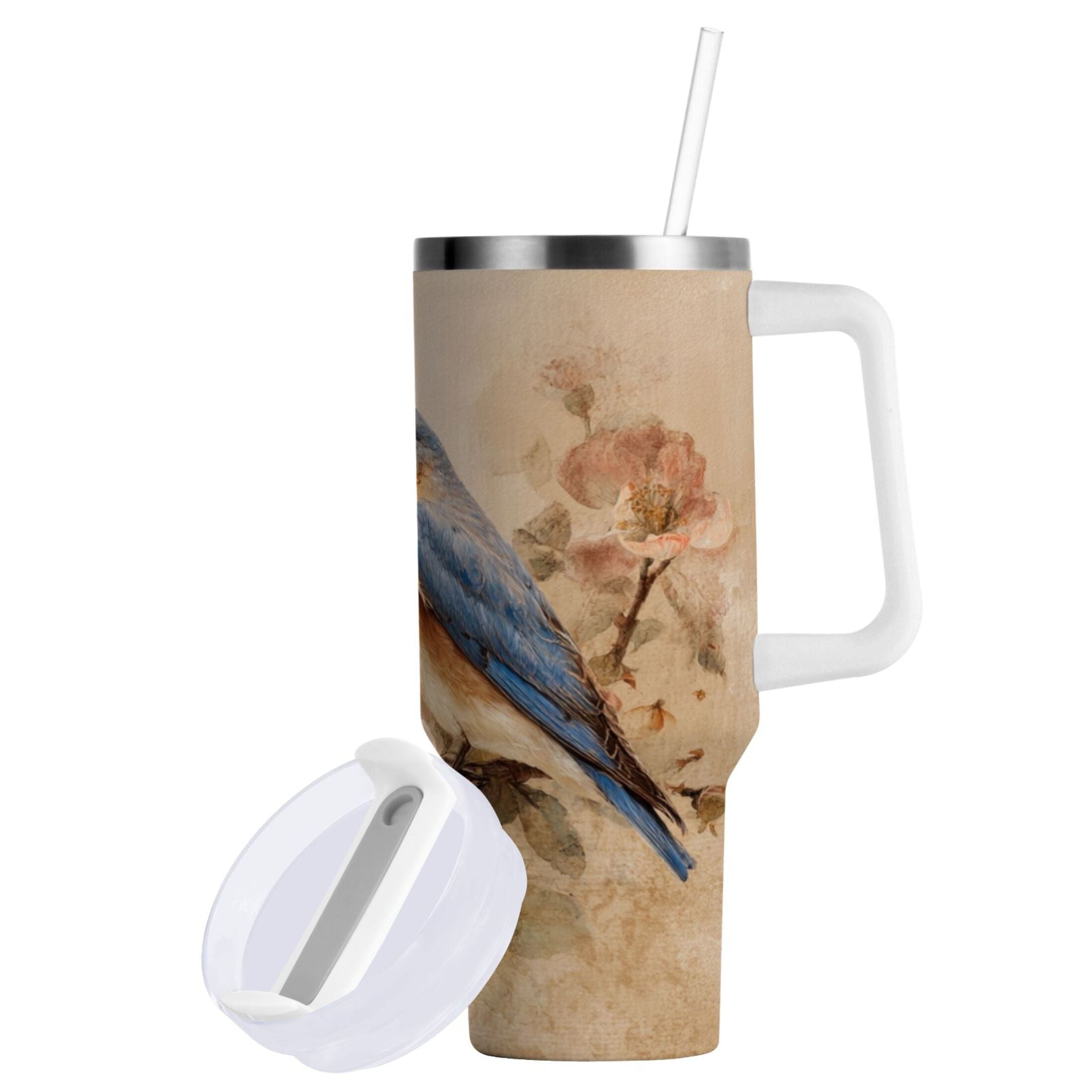 40 oz Insulated Stainless Steel Tumbler Double Wall Stainless Steel Tumbler with 2-Way Drinking Bluebird and Ancient Flowers M574V